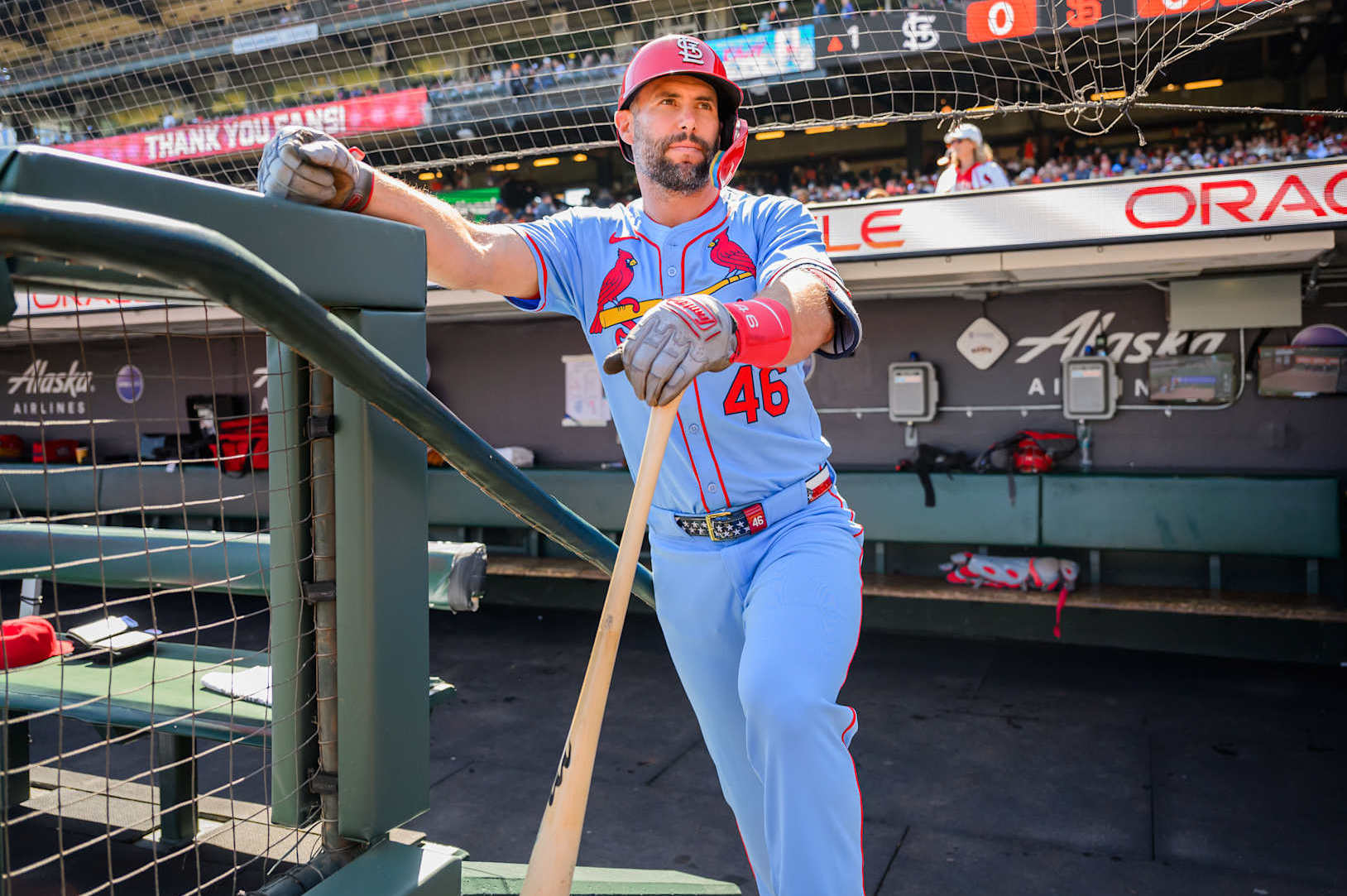 SAN FRANCISCO, CA - SEPTEMBER 28: St. Louis Cardinals first base Paul Goldschmidt (46) looks on before an MLB game between the St. Louis Cardinals and San Francisco Giants, on September 28, 2024, at Oracle Park in San Francisco, CA. (Photo by Trinity Machan/Icon Sportswire via Getty Images)