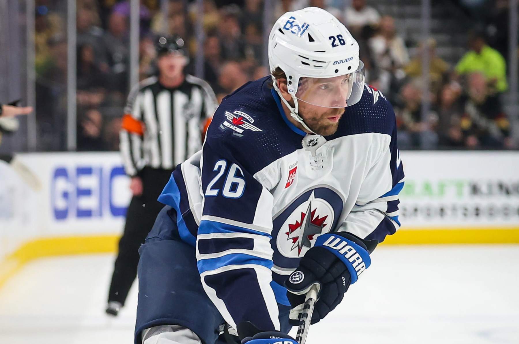 LAS VEGAS, NEVADA - APRIL 27: Blake Wheeler #26 of the Winnipeg Jets skates during the second period against the Vegas Golden Knights in Game Five of the First Round of the 2023 Stanley Cup Playoffs at T-Mobile Arena on April 27, 2023 in Las Vegas, Nevada. (Photo by Zak Krill/NHLI via Getty Images)