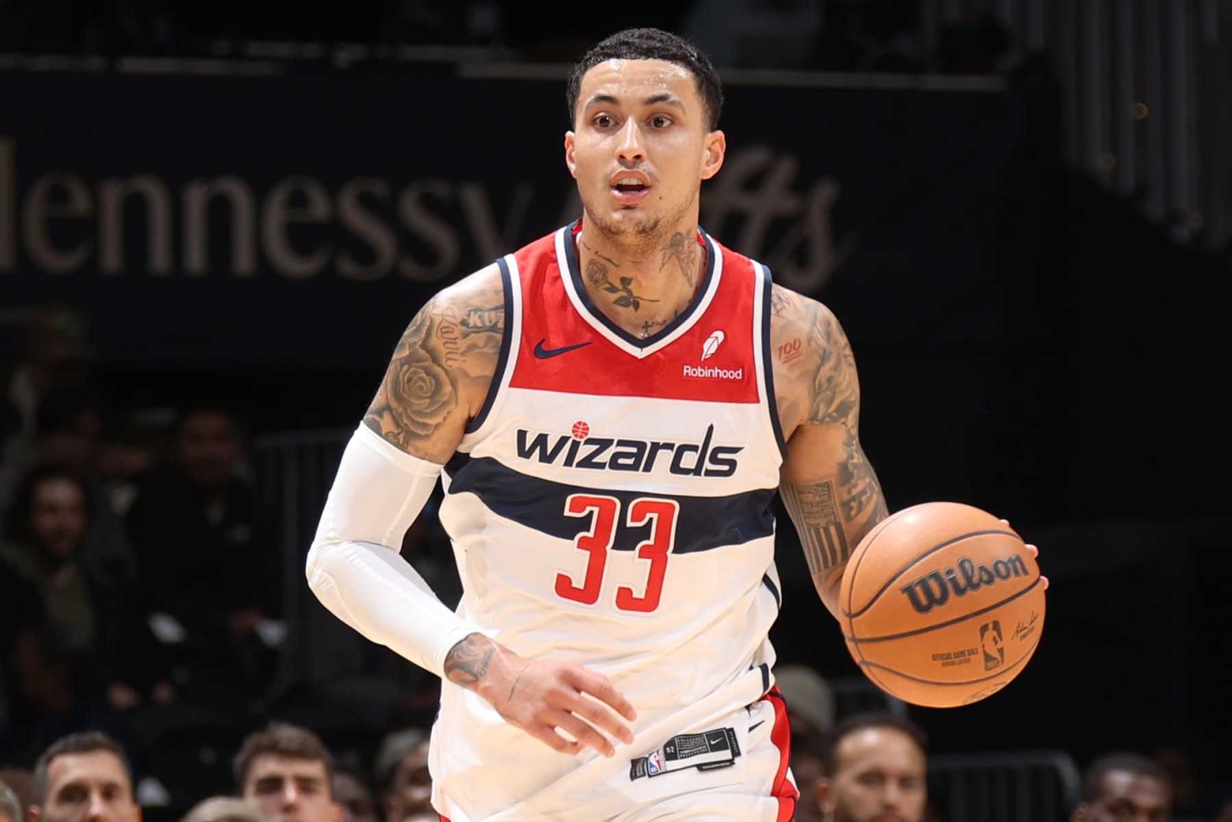 WASHINGTON, DC - JANUARY 24: Kyle Kuzma #33 of the Washington Wizards dribbles the ball during the game against the Minnesota Timberwolves on January 24, 2024 at Capital One Arena in Washington, DC. NOTE TO USER: User expressly acknowledges and agrees that, by downloading and or using this Photograph, user is consenting to the terms and conditions of the Getty Images License Agreement. Mandatory Copyright Notice: Copyright 2024 NBAE (Photo by Stephen Gosling/NBAE via Getty Images)
