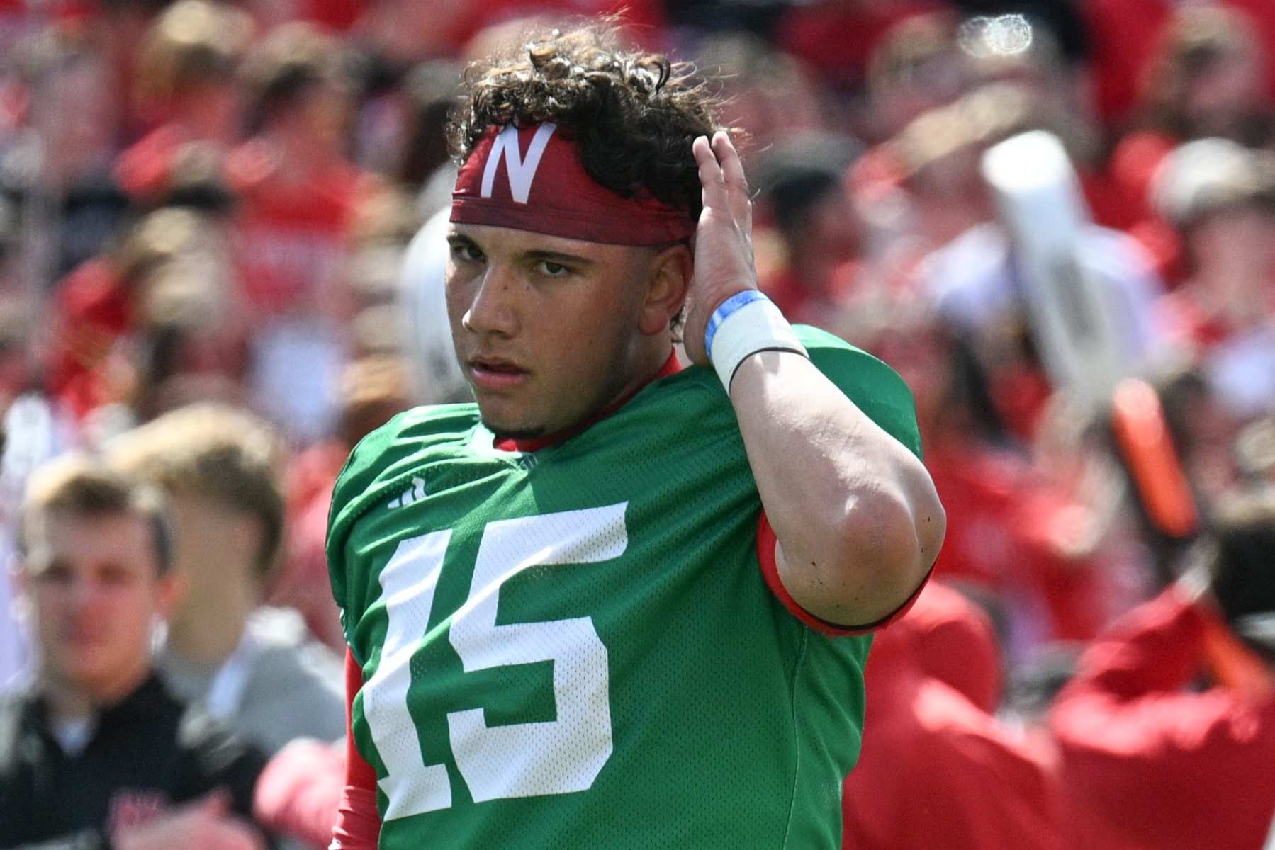 LINCOLN, NEBRASKA - APRIL 27: Dylan Raiola #15 of the Nebraska Cornhuskers warms up at the Nebraska Spring Football Game at Memorial Stadium on April 27, 2024 in Lincoln, Nebraska. (Photo by Steven Branscombe/Getty Images)