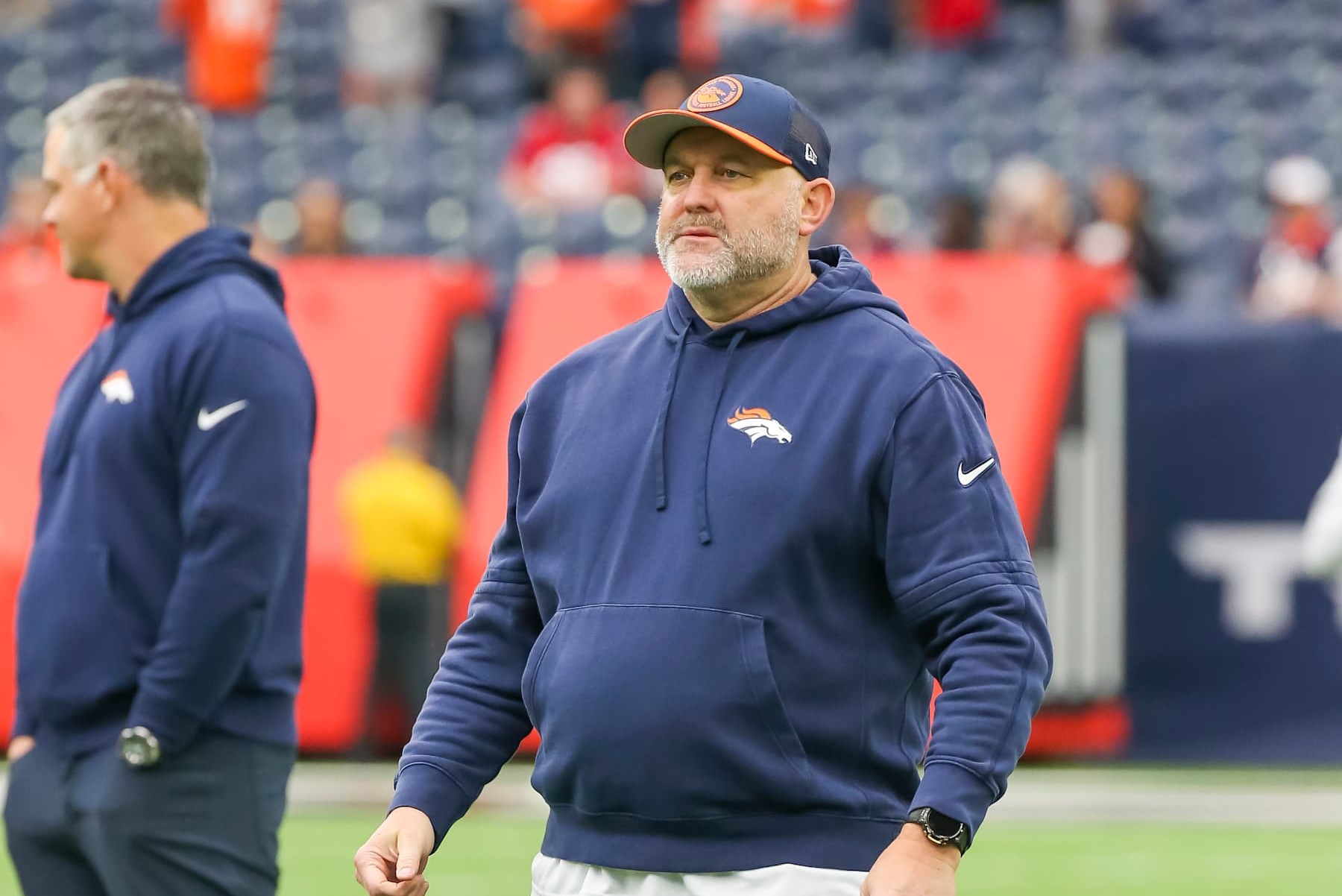 HOUSTON, TX - DECEMBER 03:  Denver Broncos pass game coordinator John Morton oversees practice during the football game between Denver Broncos and Houston Texans at NRG Stadium on December 3, 2023 in Houston, Texas.  (Photo by Leslie Plaza Johnson/Icon Sportswire via Getty Images)