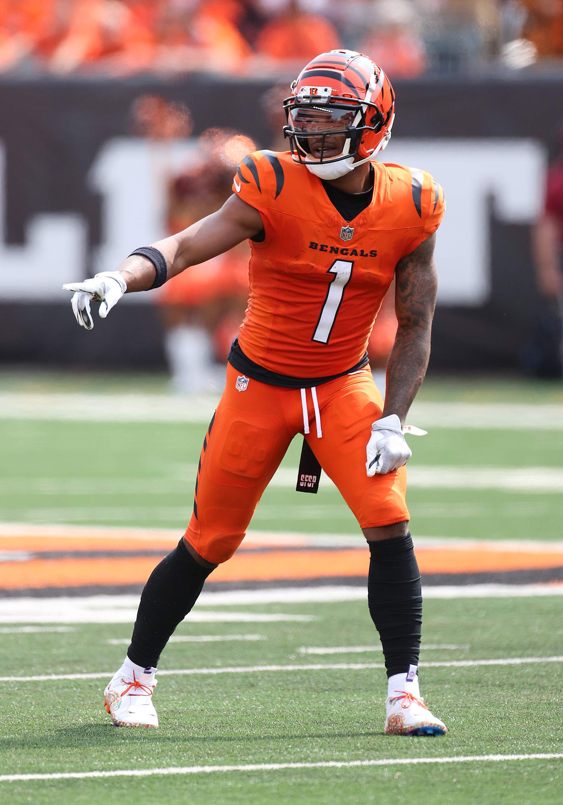 CINCINNATI, OH - SEPTEMBER 08 - Cincinnati Bengals wide receiver Ja'Marr Chase (1) in a game between the New England Patriots and the Cincinnati Bengals at Paycor Stadium on Sunday, September 8, 2024. (Photo by Jeff Moreland/Icon Sportswire via Getty Images)