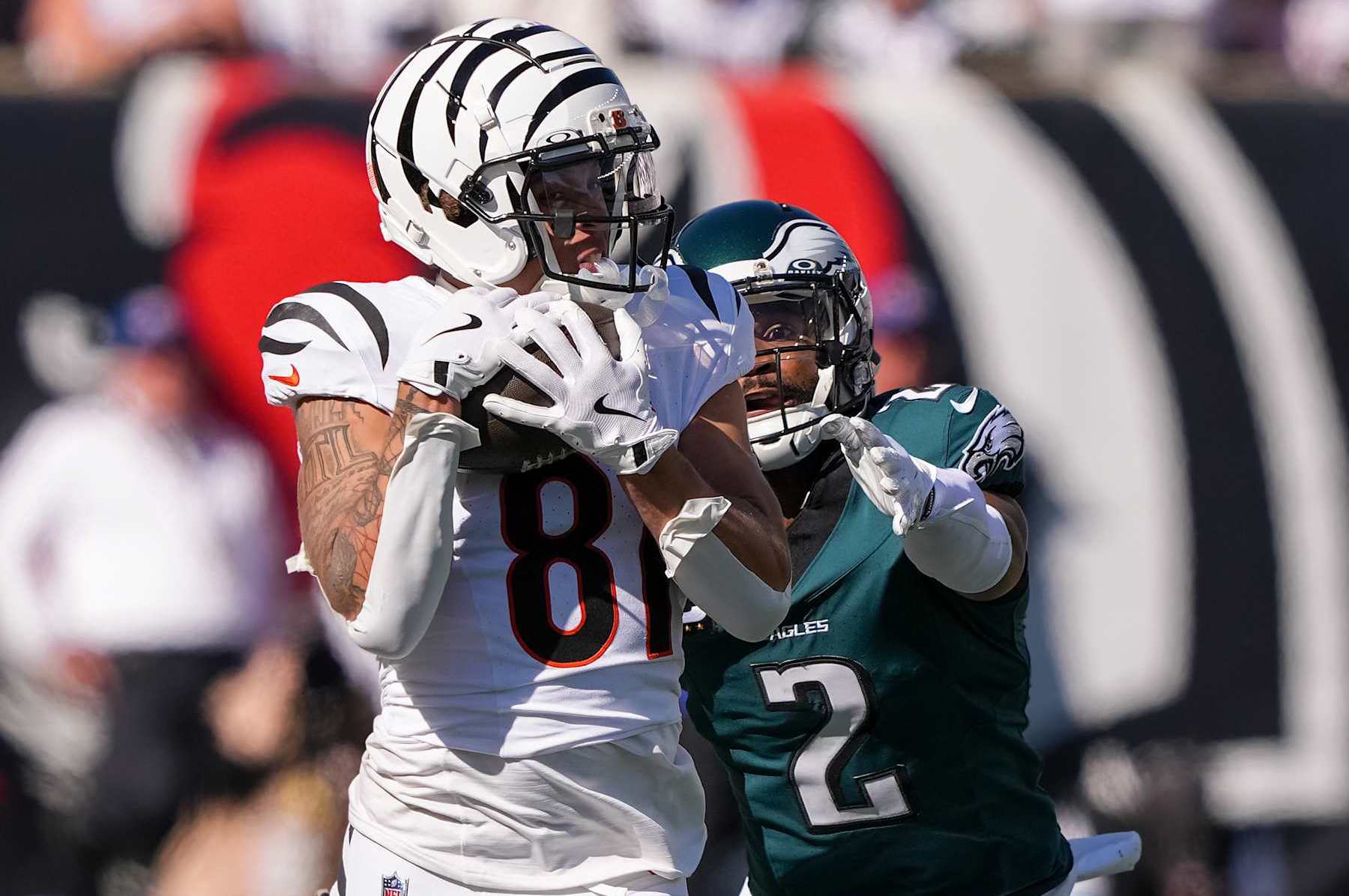 CINCINNATI, OHIO - OCTOBER 27: Jermaine Burton #81 of the Cincinnati Bengals makes a catch while being chased by Darius Slay Jr. #2 of the Philadelphia Eagles in the second quarter at Paycor Stadium on October 27, 2024 in Cincinnati, Ohio. (Photo by Dylan Buell/Getty Images)