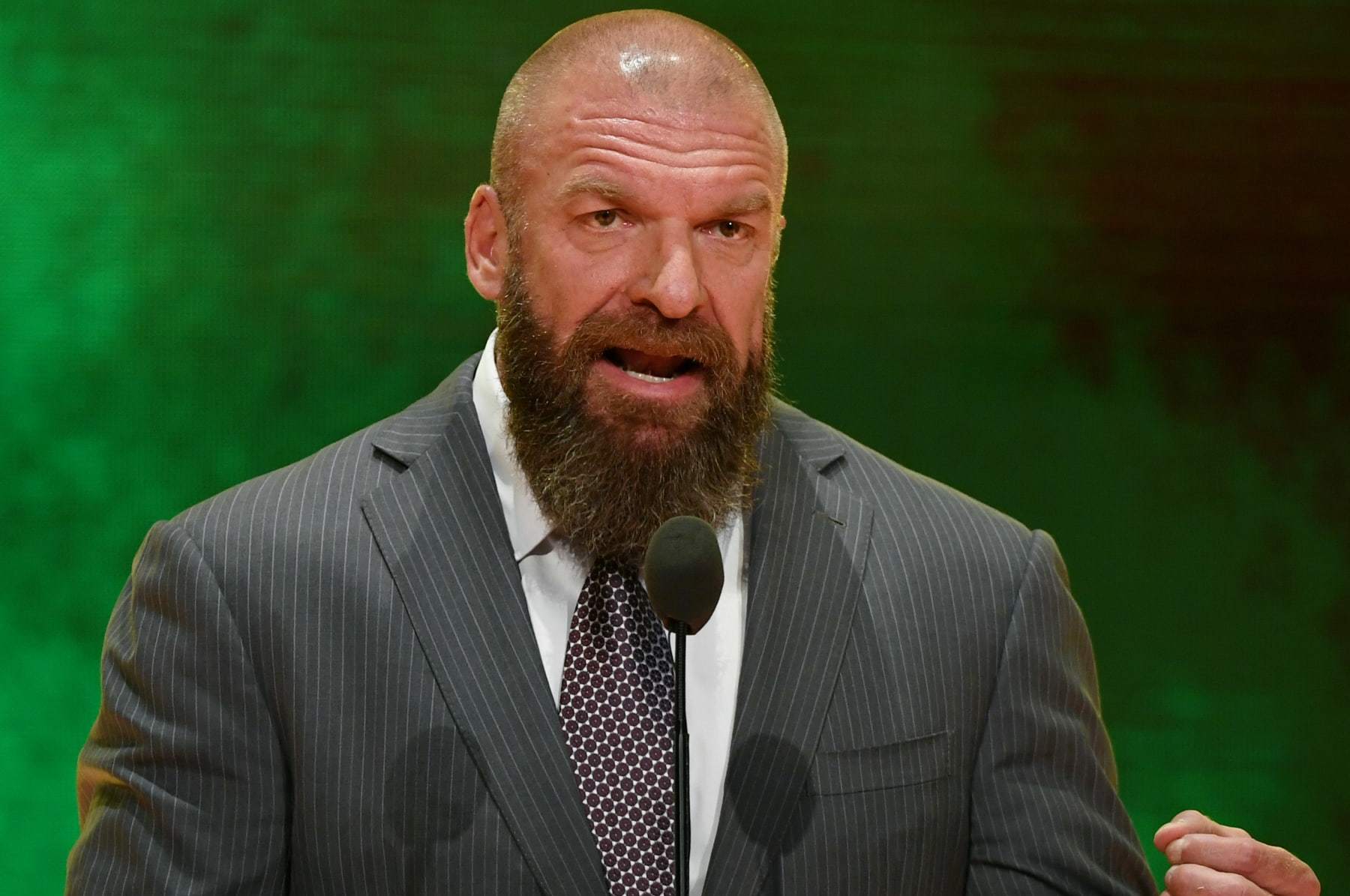 LAS VEGAS, NEVADA - OCTOBER 11:  WWE Executive Vice President of Talent, Live Events and Creative Paul "Triple H" Levesque speaks at a WWE news conference at T-Mobile Arena on October 11, 2019 in Las Vegas, Nevada. It was announced that WWE wrestler Braun Strowman will face heavyweight boxer Tyson Fury and WWE champion Brock Lesnar will take on former UFC heavyweight champion Cain Velasquez at the WWE's Crown Jewel event at Fahd International Stadium in Riyadh, Saudi Arabia on October 31.  (Photo by Ethan Miller/Getty Images)