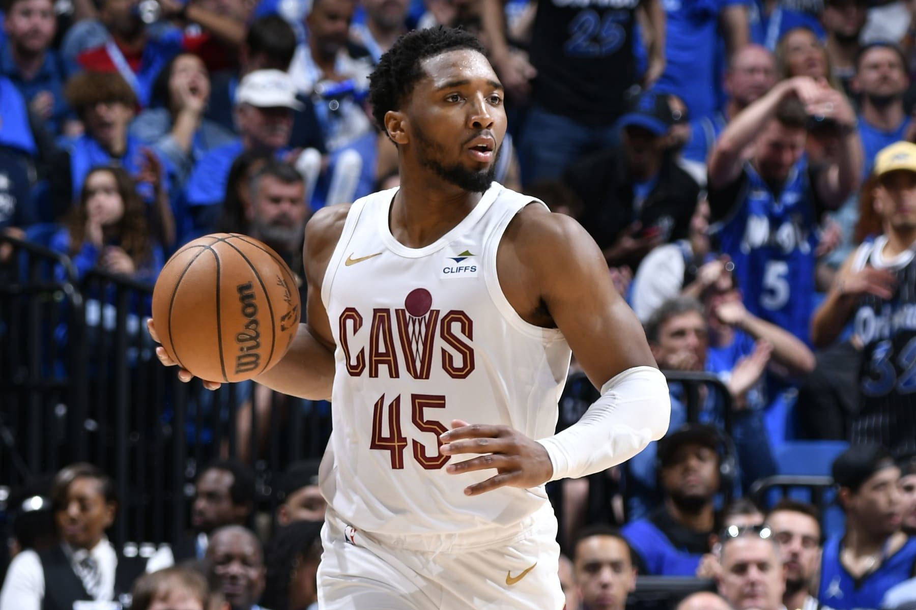 ORLANDO, FL - APRIL 27: Donovan Mitchell #45 of the Cleveland Cavaliers dribbles the ball during the game against the Orlando Magic during Round 1 Game 4 of the 2024 NBA Playoffs on April 27, 2024 at the Kia Center in Orlando, Florida. NOTE TO USER: User expressly acknowledges and agrees that, by downloading and or using this photograph, User is consenting to the terms and conditions of the Getty Images License Agreement. Mandatory Copyright Notice: Copyright 2024 NBAE (Photo by Fernando Medina/NBAE via Getty Images)