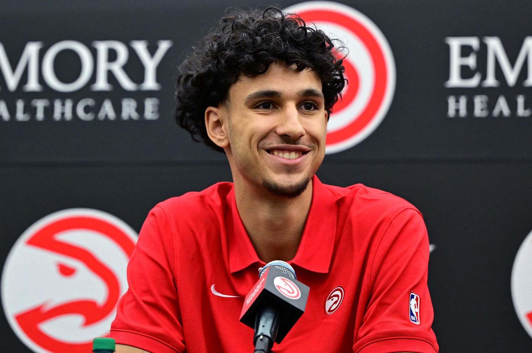 ATLANTA, GA - JUNE 28: The Atlanta Hawks introduce Zaccharie Risacher during a press conference on June 28, 2024 at Emory Sports and Medical Complex in Atlanta, Georgia. NOTE TO USER: User expressly acknowledges and agrees that, by downloading and or using this photograph, user is consenting to the terms and conditions of Getty Images License Agreement. Mandatory Copyright Notice: Copyright 2024 NBAE (Photo by Adam Hagy/NBAE via Getty Images)