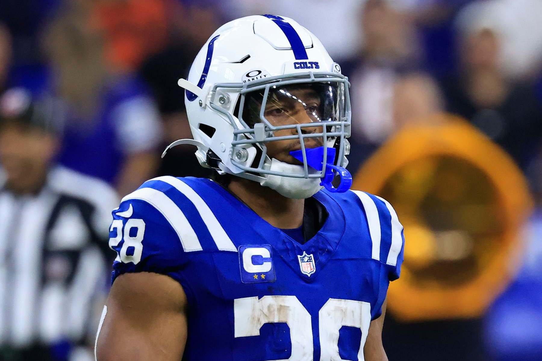 INDIANAPOLIS, INDIANA - SEPTEMBER 22: Jonathan Taylor #28 of the Indianapolis Colts looks on against the Chicago Bears at Lucas Oil Stadium on September 22, 2024 in Indianapolis, Indiana. (Photo by Justin Casterline/Getty Images)