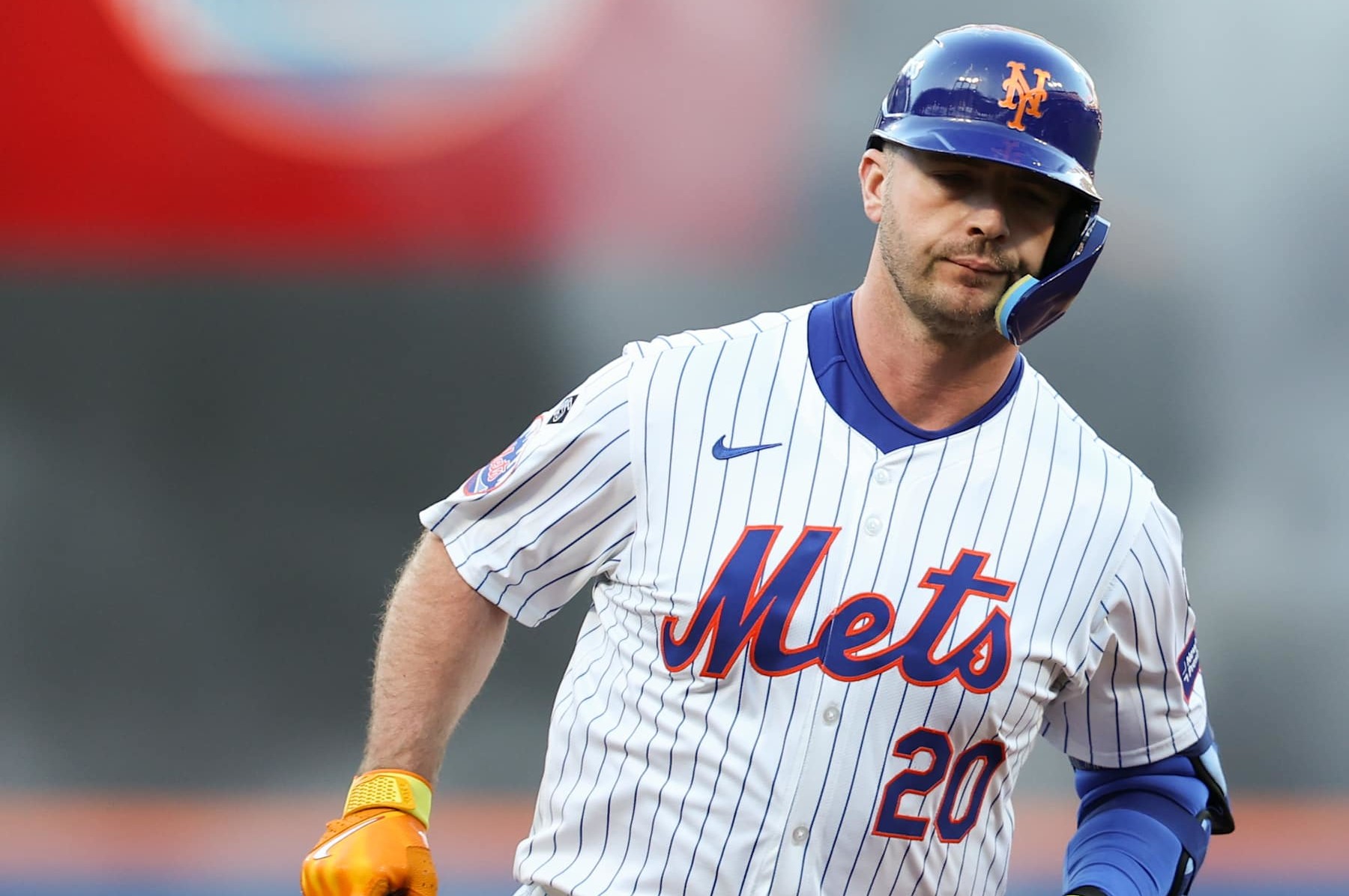 NEW YORK, NY - OCTOBER 18:   Pete Alonso #20 of the New York Mets rounds the bases after hitting a two RBI home run in the first inning during Game 5 of the NLCS presented by loanDepot between the Los Angeles Dodgers and the New York Mets at Citi Field on Friday, October 18, 2024 in New York, New York. (Photo by Rob Tringali/MLB Photos via Getty Images)