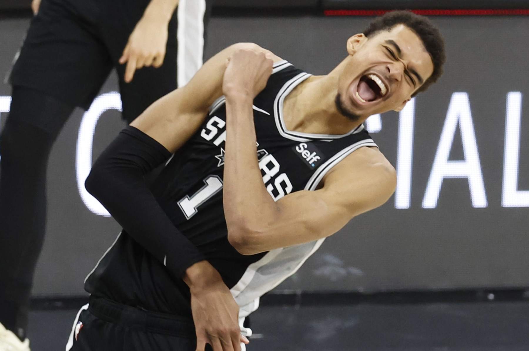 SAN ANTONIO, TX - APRIL 12: Victor Wembanyama #1 of the San Antonio Spurs celebrates after they defeated the Denver Nuggets 121-120 at Frost Bank Center on April 12, 2024 in San Antonio, Texas. NOTE TO USER: User expressly acknowledges and agrees that, by downloading and or using this photograph, User is consenting to terms and conditions of the Getty Images License Agreement. (Photo by Ronald Cortes/Getty Images)