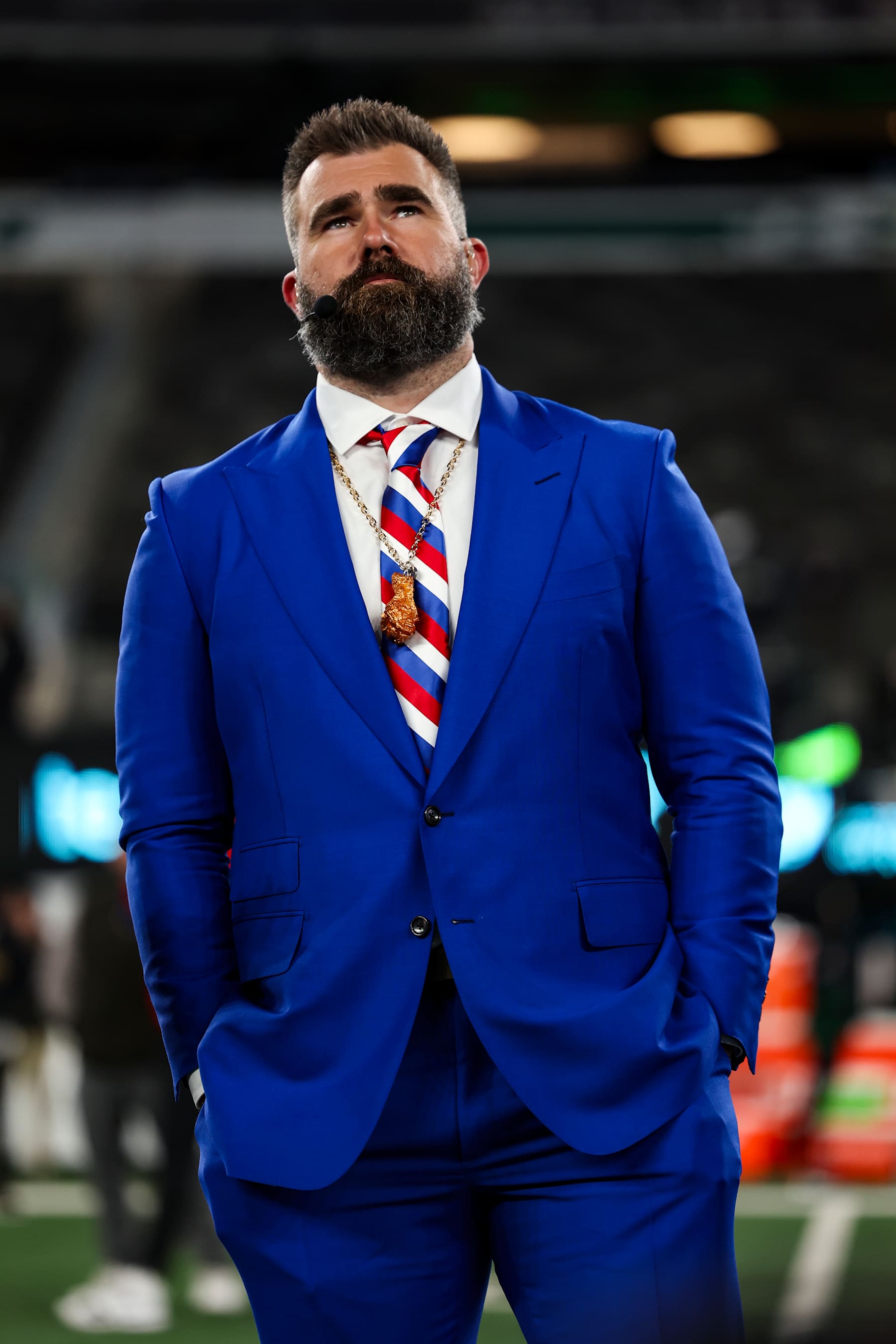 EAST RUTHERFORD, NJ - OCTOBER 14:  Jason Kelce looks on from the sideline prior to an NFL football game between the Buffalo Bills and the New York Jets at MetLife Stadium on October 14, 2024 in East Rutherford, NJ. (Photo by Perry Knotts/Getty Images)