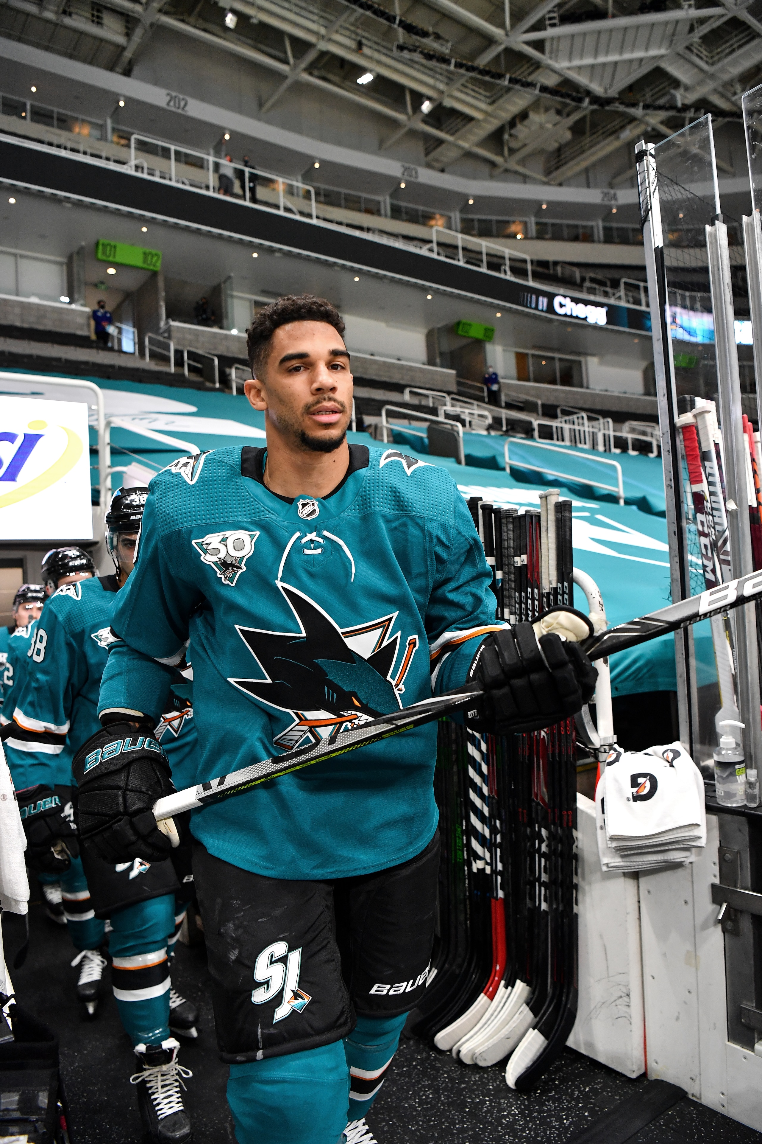 SAN JOSE, CA - APRIL 28: Evander Kane #9 of the San Jose Sharks takes the ice for warmups against the Arizona Coyotes at SAP Center on April 28, 2021 in San Jose, California. (Photo by Brandon Magnus/NHLI via Getty Images)