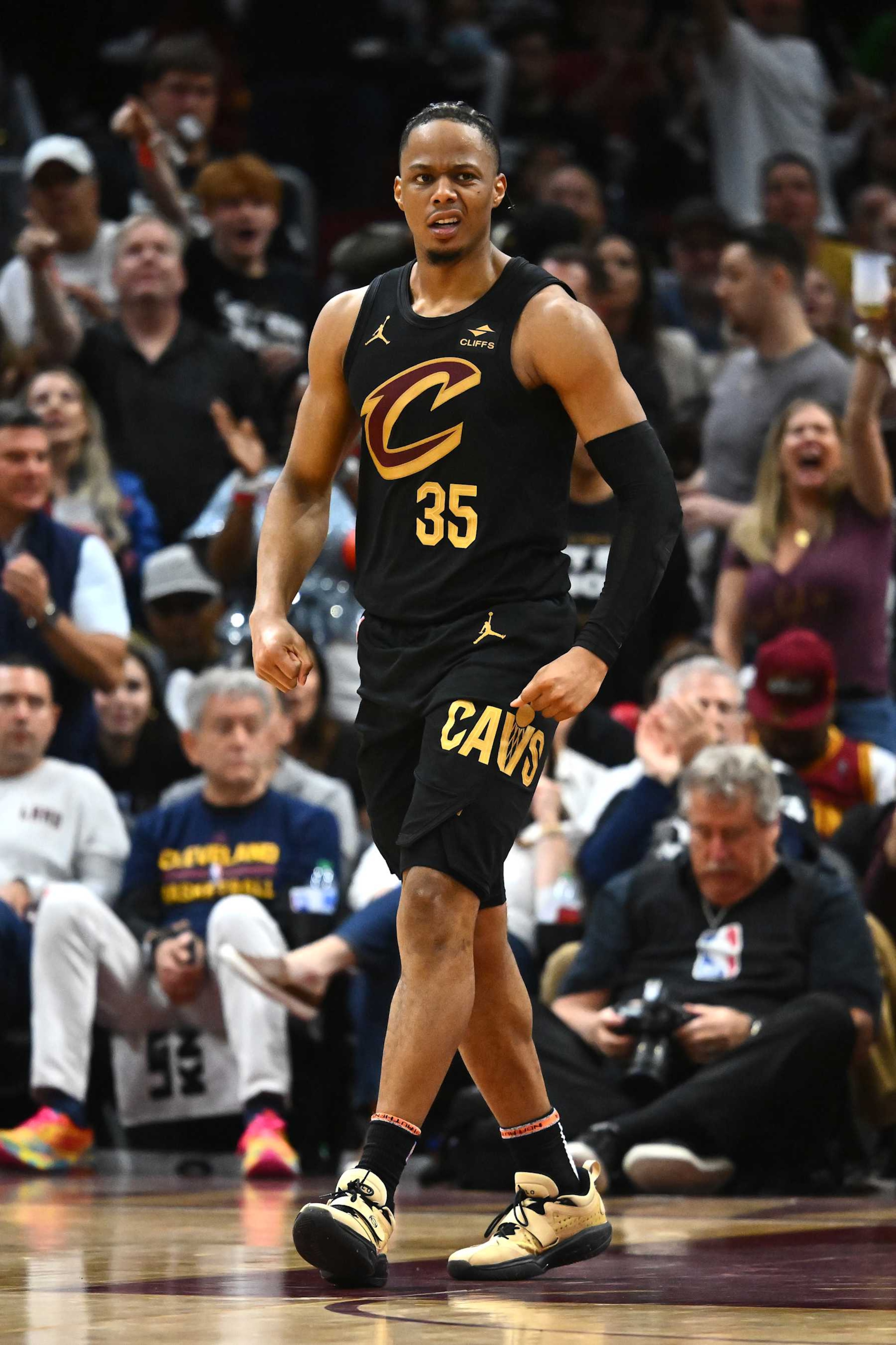 CLEVELAND, OHIO - MAY 05: Isaac Okoro #35 of the Cleveland Cavaliers reacts after a play against the Orlando Magic during the third quarter in Game Seven of the Eastern Conference First Round Playoffs at Rocket Mortgage Fieldhouse on May 05, 2024 in Cleveland, Ohio. NOTE TO USER: User expressly acknowledges and agrees that, by downloading and/or using this Photograph, user is consenting to the terms and conditions of the Getty Images License Agreement. (Photo by Jason Miller/Getty Images)