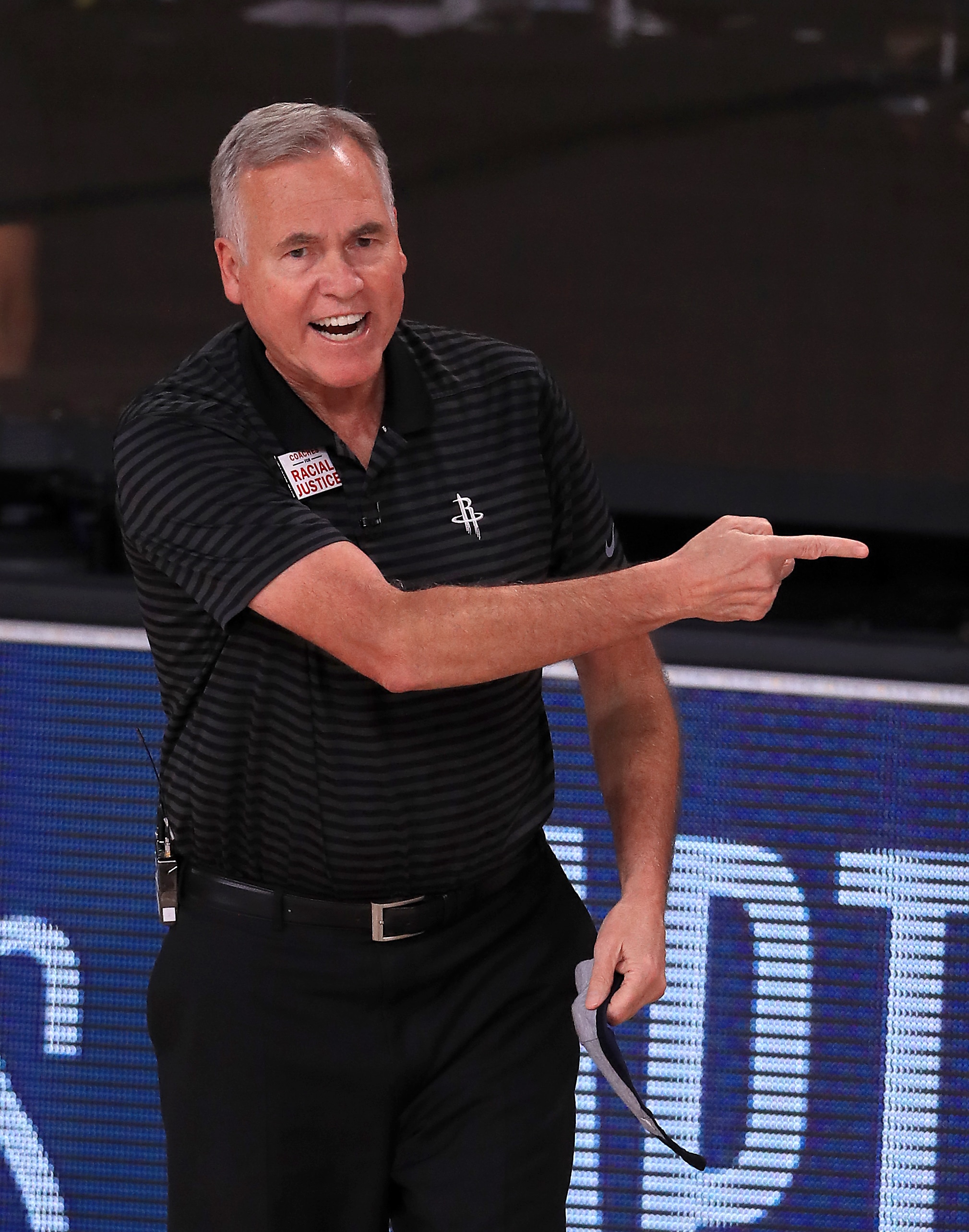 LAKE BUENA VISTA, FLORIDA - SEPTEMBER 10: Mike D'Antoni of the Houston Rockets reacts during the first quarter against the Los Angeles Lakers in Game Four of the Western Conference Second Round during the 2020 NBA Playoffs at AdventHealth Arena at the ESPN Wide World Of Sports Complex on September 10, 2020 in Lake Buena Vista, Florida. NOTE TO USER: User expressly acknowledges and agrees that, by downloading and or using this photograph, User is consenting to the terms and conditions of the Getty Images License Agreement.  (Photo by Michael Reaves/Getty Images)
