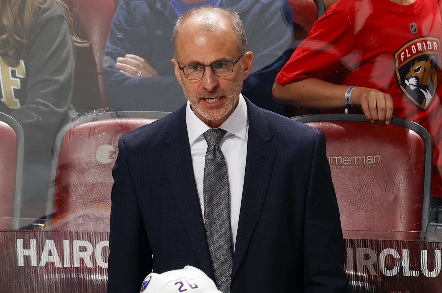 SUNRISE, FL - APRIL 13: Head coach Don Granato of the Buffalo Sabres looks on during third period action against the Florida Panthers at the Amerant Bank Arena on April 13, 2024 in Sunrise, Florida. (Photo by Joel Auerbach/Getty Images)