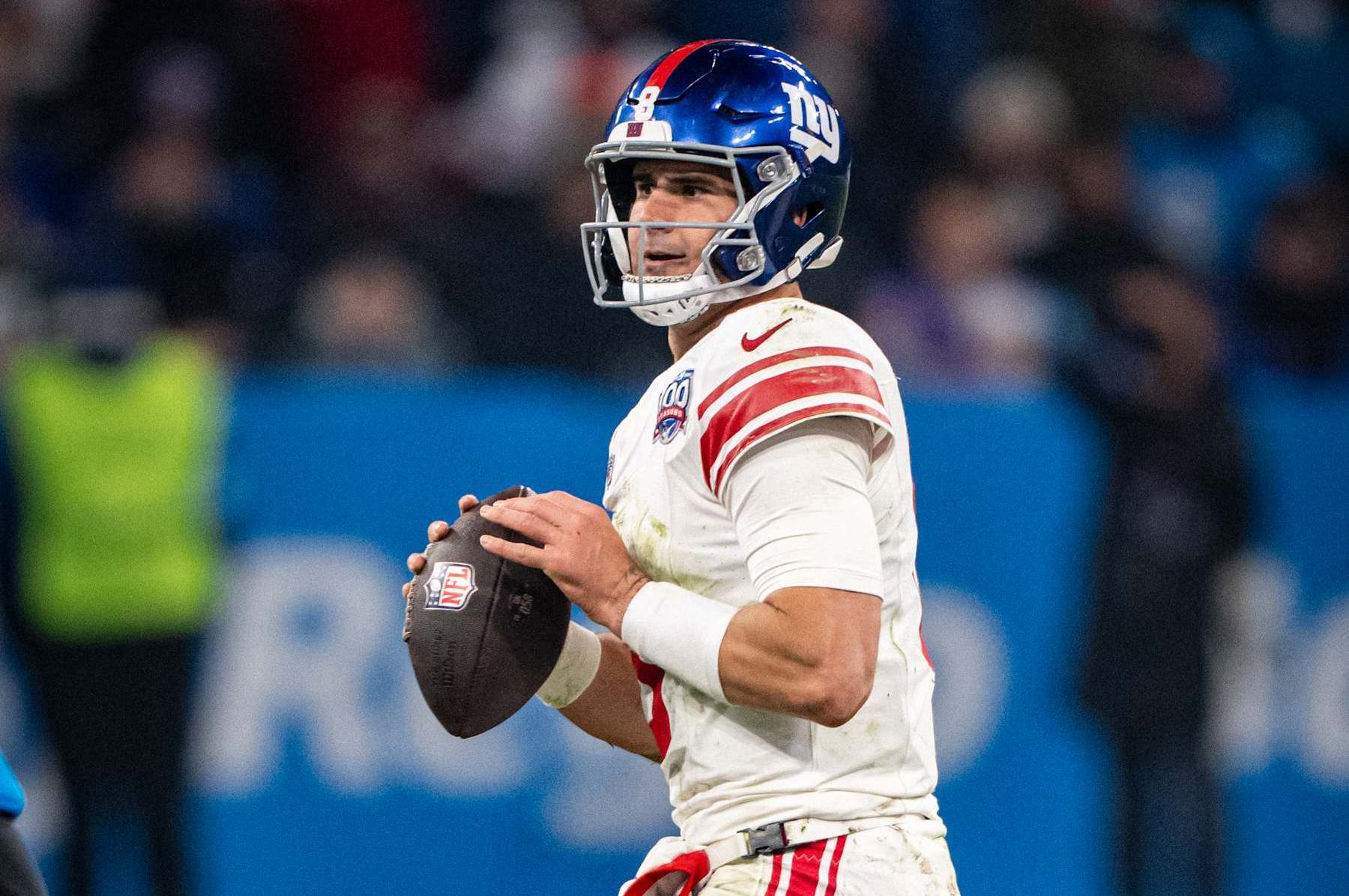 MUNICH, GERMANY - NOVEMBER 10: Daniel Jones of the New York Giants during the NFL Munich Game 2024 between New York Giants and Carolina Panthers at Allianz Arena on November 10, 2024 in Munich, Germany. (Photo by F. Noever/FC Bayern via Getty Images)