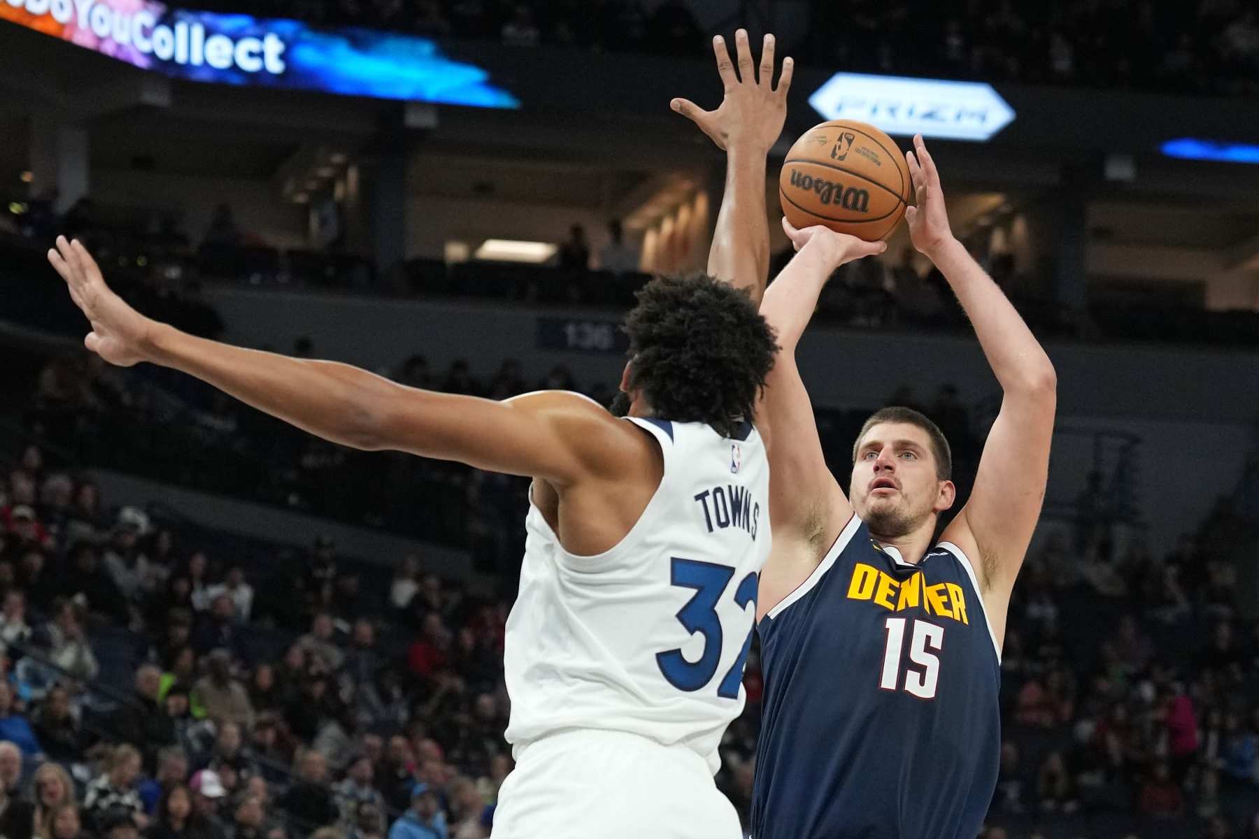 MINNEAPOLIS, MN -  NOVEMBER 1:  Nikola Jokic #15 of the Denver Nuggets shoots the ball during the game against the Minnesota Timberwolves on November 1, 2023 at Target Center in Minneapolis, Minnesota. NOTE TO USER: User expressly acknowledges and agrees that, by downloading and or using this Photograph, user is consenting to the terms and conditions of the Getty Images License Agreement. Mandatory Copyright Notice: Copyright 2023 NBAE (Photo by Jordan Johnson/NBAE via Getty Images)