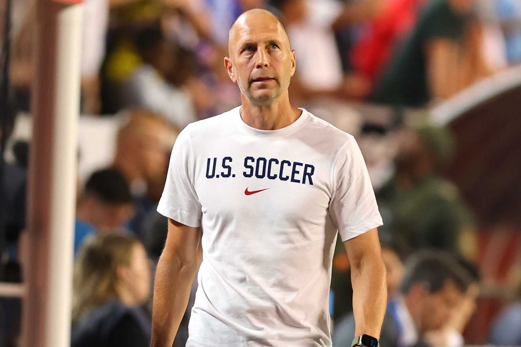 KANSAS CITY, MISSOURI - JULY 01: Gregg Berhalter, Head Coach of United States looks dejected after the team's elimination during the CONMEBOL Copa America 2024 Group C match between United States and Uruguay at GEHA Field at Arrowhead Stadium on July 01, 2024 in Kansas City, Missouri. (Photo by Michael Reaves/Getty Images)