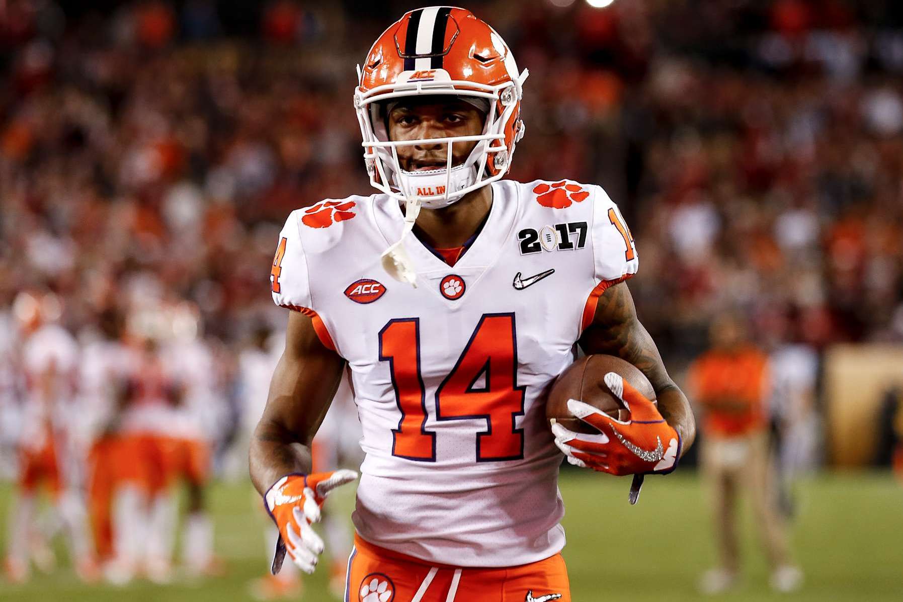 TAMPA, FL - JANUARY 09: Wide Receiver Diondre Overton #14 of the Clemson Tigers during the 2017 College Football Playoff National Championship Game against the Alabama Crimson Tide at Raymond James Stadium on January 9, 2017 in Tampa, Florida. The Clemson Tigers defeated The Alabama Crimson Tide 35 to 31. (Photo by Don Juan Moore/Getty Images)
