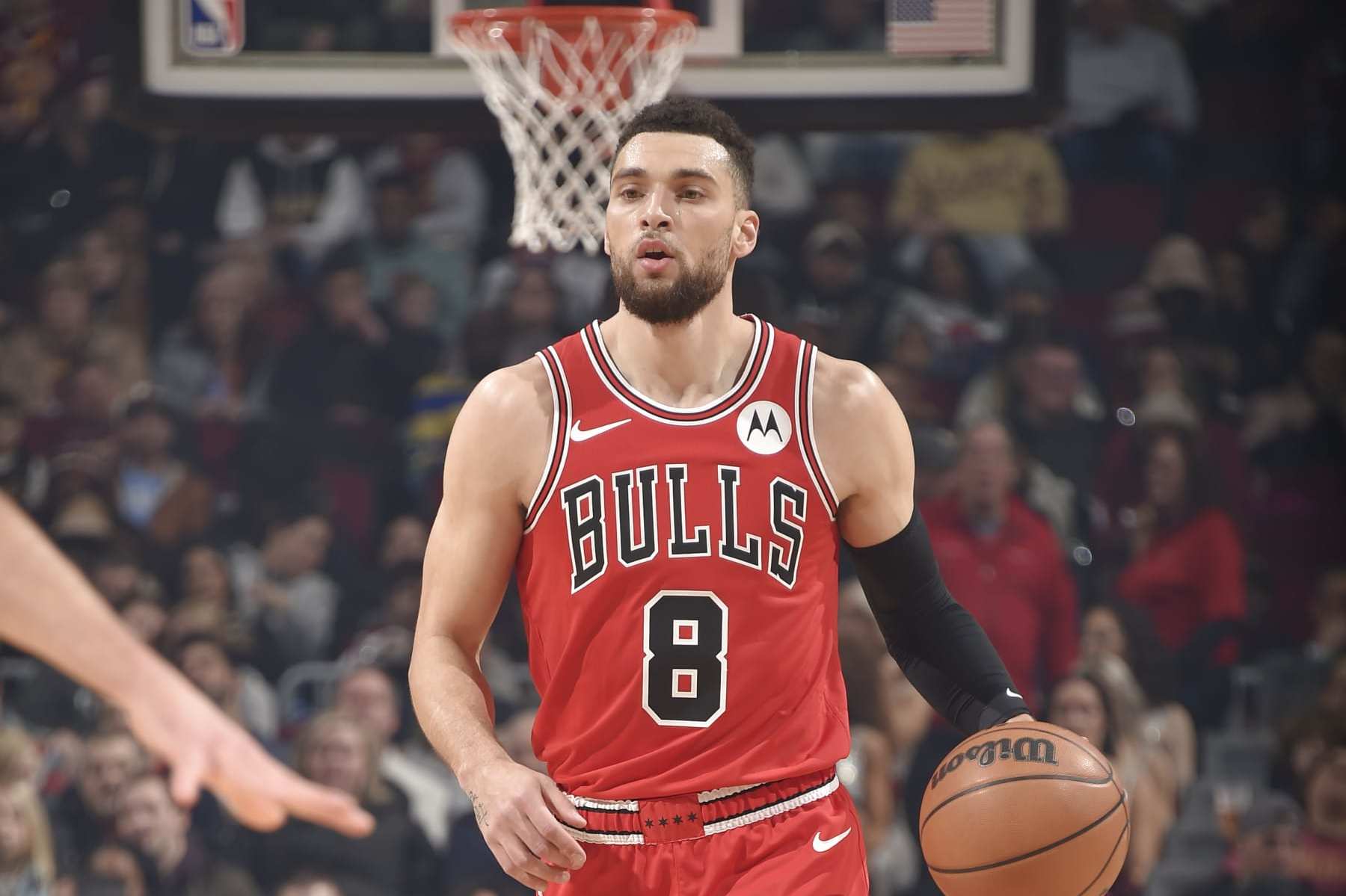 CLEVELAND, OH - JANUARY 15: Zach LaVine #8 of the Chicago Bulls dribbles the ball during the game against the Cleveland Cavaliers on January 15, 2024 at Rocket Mortgage FieldHouse in Cleveland, Ohio. NOTE TO USER: User expressly acknowledges and agrees that, by downloading and/or using this Photograph, user is consenting to the terms and conditions of the Getty Images License Agreement. Mandatory Copyright Notice: Copyright 2024 NBAE (Photo by David Liam Kyle/NBAE via Getty Images)