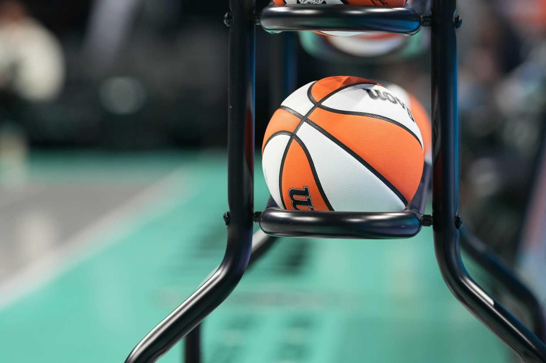 BROOKLYN, NY - JULY 28: Official WNBA Wilson basketballs before the game between the Minnesota Lynx and the New York Liberty on July 28, 2023 at Barclays Center in Brooklyn, New York. NOTE TO USER: User expressly acknowledges and agrees that, by downloading and or using this photograph, user is consenting to the terms and conditions of the Getty Images License Agreement. Mandatory Copyright Notice: Copyright 2023 NBAE (Photo by Evan Yu/NBAE via Getty Images)