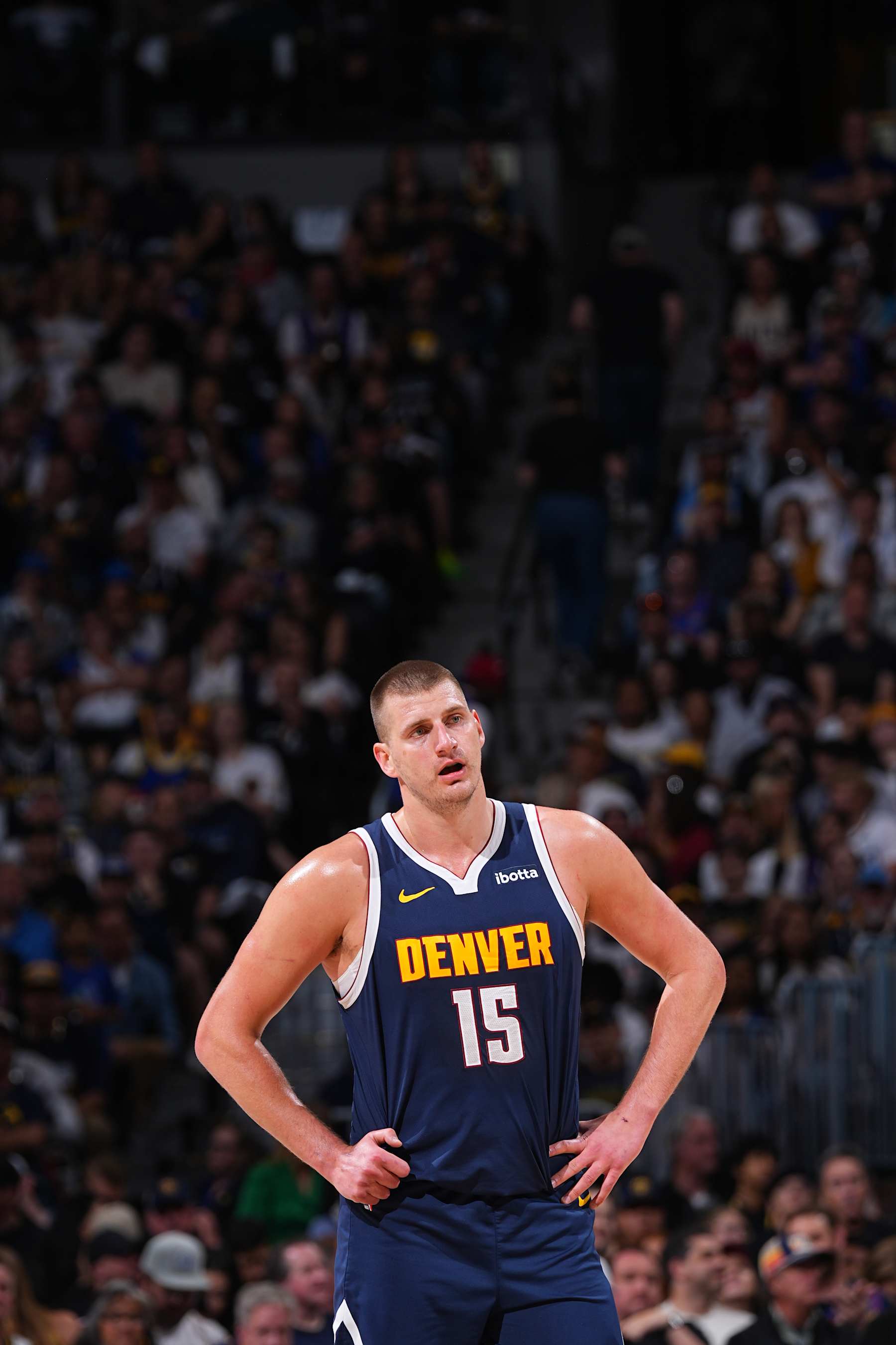DENVER, CO - APRIL 29: Nikola Jokic #15 of the Denver Nuggets looks on during the game against the Los Angeles Lakers during Round One Game Five of the 2024 NBA Playoffs on April 29, 2024 at the Ball Arena in Denver, Colorado. NOTE TO USER: User expressly acknowledges and agrees that, by downloading and/or using this Photograph, user is consenting to the terms and conditions of the Getty Images License Agreement. Mandatory Copyright Notice: Copyright 2024 NBAE (Photo by Bart Young/NBAE via Getty Images)