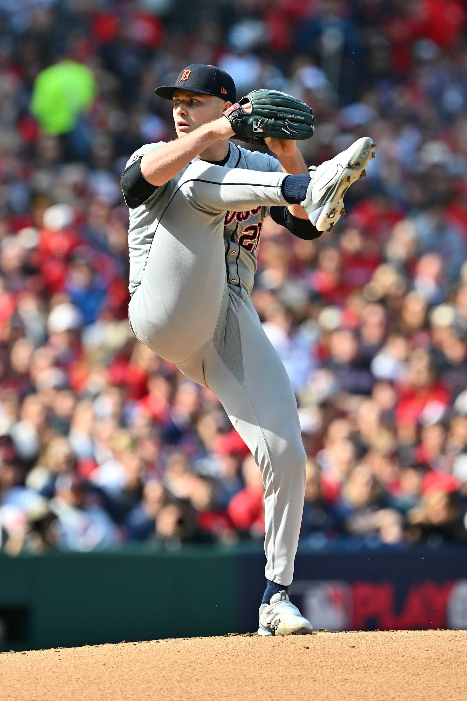 CLEVELAND, OHIO - OCTOBER 12: Tarik Skubal #29 of the Detroit Tigers throws a pitch during the first inning against the Cleveland Guardians during Game Five of the Division Series at Progressive Field on October 12, 2024 in Cleveland, Ohio. (Photo by Jason Miller/Getty Images)