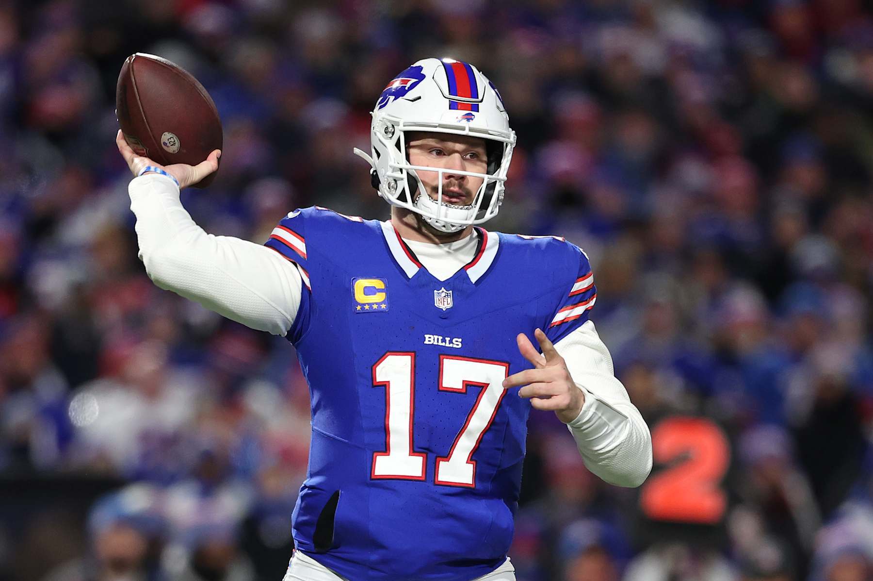 ORCHARD PARK, NEW YORK - JANUARY 21:  Josh Allen #17 of the Buffalo Bills in action against the Kansas City Chiefs during their AFC Divisional Playoff game at Highmark Stadium on January 21, 2024 in Orchard Park, New York.  (Photo by Al Bello/Getty Images)