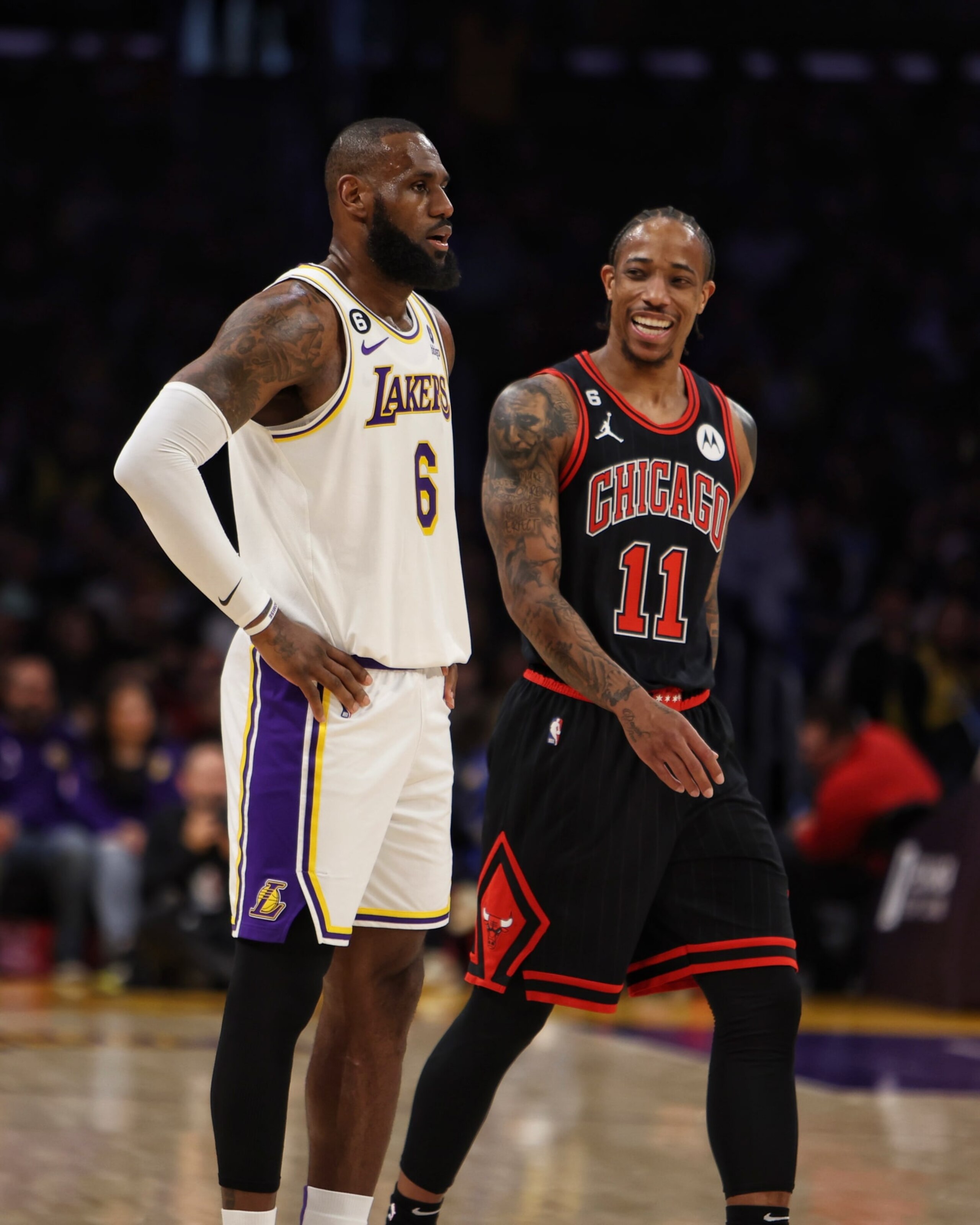 LOS ANGELES - MARCH 26: LeBron James #6 of the Los Angeles Lakers and DeMar DeRozan #11 of the Chicago Bulls look on during the game on March 26, 2023 at Cryto.com Arena in Los Angeles, California. NOTE TO USER: User expressly acknowledges and agrees that, by downloading and or using this Photograph, User is consenting to the terms and conditions of the Getty Images License Agreement. Mandatory Copyright Notice: Copyright 2023 NBAE (Photo by Jim Poorten/NBAE via Getty Images) LOS ANGELES - MARCH 26: LeBron James #6 of the Los Angeles Lakers and DeMar DeRozan #11 of the Chicago Bulls look on during the game on March 26, 2023 at Cryto.com Arena in Los Angeles, California. NOTE TO USER: User expressly acknowledges and agrees that, by downloading and or using this Photograph, User is consenting to the terms and conditions of the Getty Images License Agreement. Mandatory Copyright Notice: Copyright 2023 NBAE (Photo by Jim Poorten/NBAE via Getty Images)