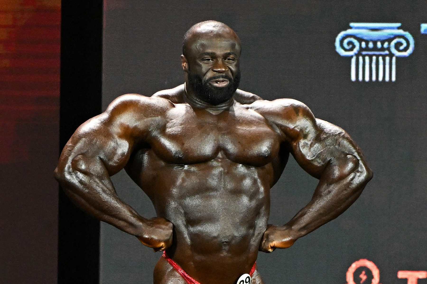 LAS VEGAS, NEVADA - DECEMBER 17, 2022: Samson Dauda competes in the Mr. Olympia event during the Olympia Fitness & Performance weekend at Planet Hollywood Resort and Casino on December 17, 2022 in Las Vegas, Nevada. (Photo by Chris Bernacchi/Diamond Images via Getty Images)