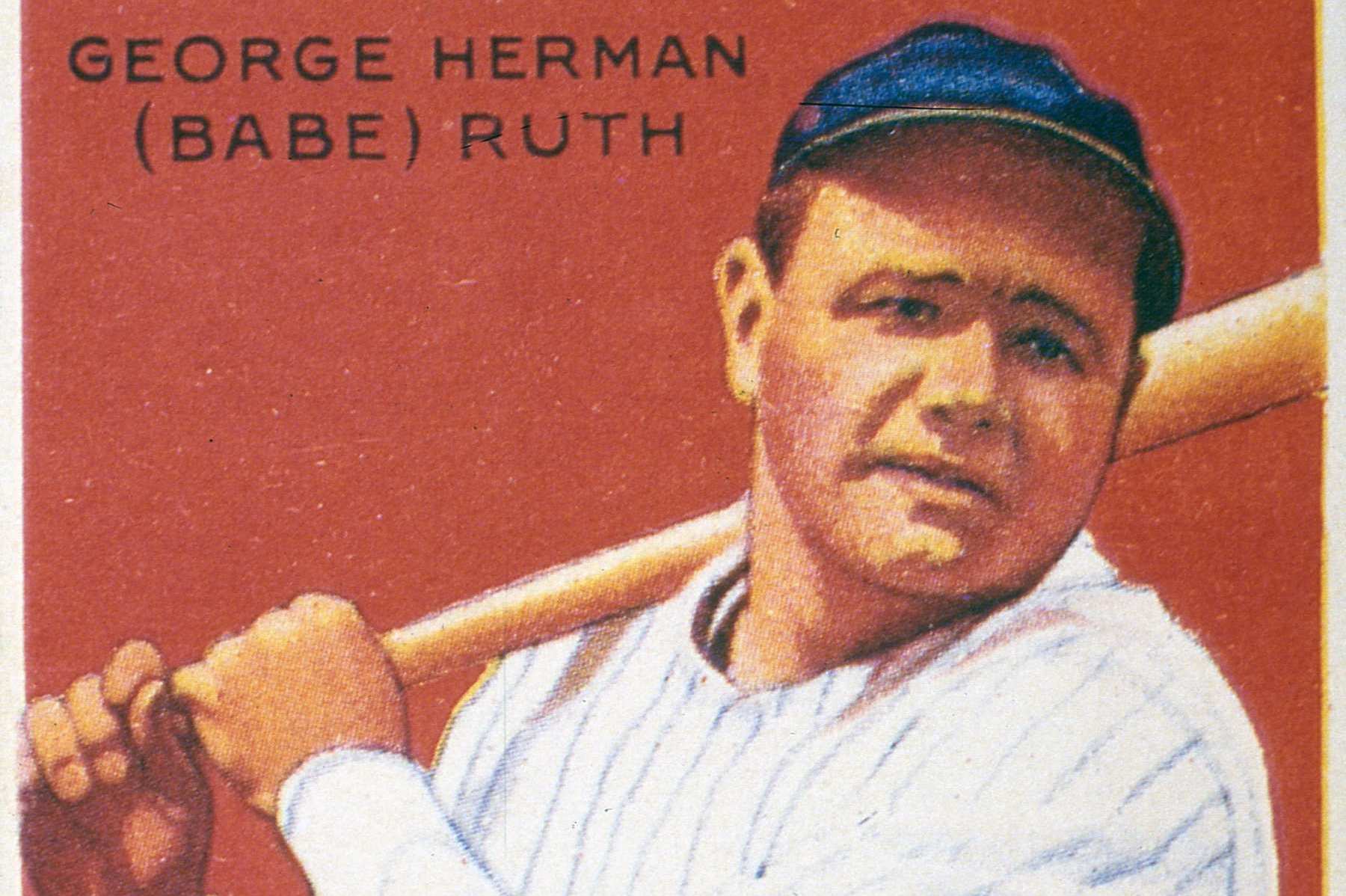 UNITED STATES - CIRCA 1933:  George Herman 'Babe' Ruth Swings, 1933:Color lithograph portrait of George Heramn "Babe" Ruth swinging a bat, The image is from a trading card published by the Goudey Gum Company to publicize Big League Chewing Gum, 01/01/1933  (Photo by Transcendental Graphics/Getty Images)