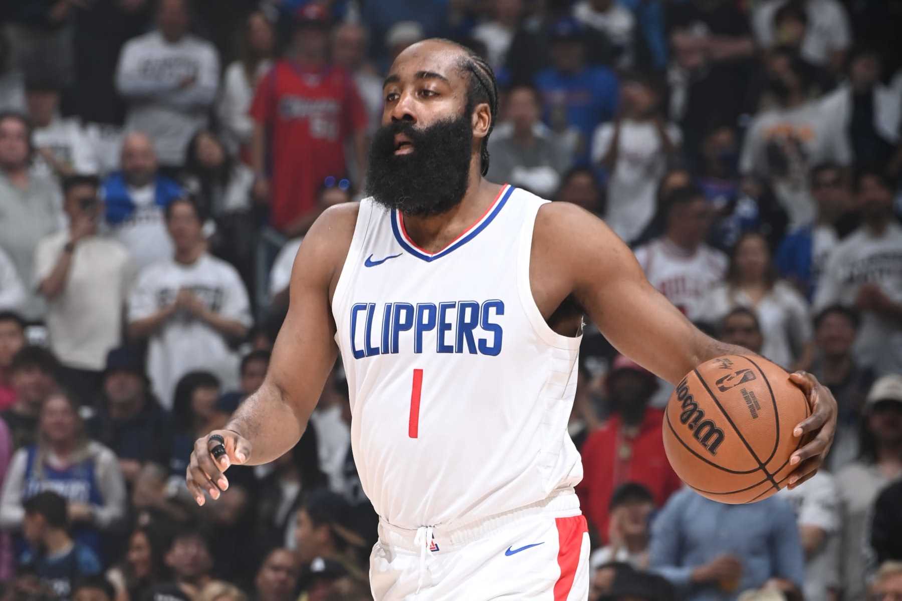 LOS ANGELES, CA - MAY 1:  James Harden #1 of the LA Clippers handles the ball during the game  against the Dallas Mavericks during Round 1 Game 5 of the 2024 NBA Playoffs  on May 1, 2024 at Crypto.Com Arena in Los Angeles, California. NOTE TO USER: User expressly acknowledges and agrees that, by downloading and/or using this Photograph, user is consenting to the terms and conditions of the Getty Images License Agreement. Mandatory Copyright Notice: Copyright 2024 NBAE (Photo by Andrew D. Bernstein/NBAE via Getty Images)