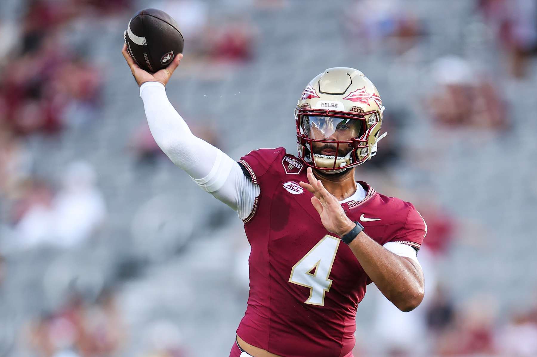 TALLAHASSEE, FLORIDA - SEPTEMBER 02: DJ Uiagalelei #4 of the Florida State Seminoles warms up before the start of a game against the Boston College Eagles at Doak Campbell Stadium on September 02, 2024 in Tallahassee, Florida. (Photo by James Gilbert/Getty Images)