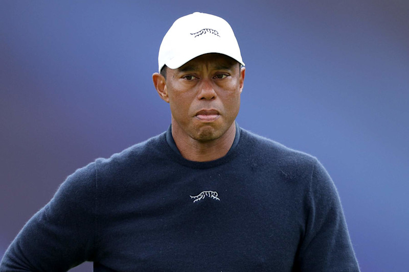 TROON, SCOTLAND - JULY 19: Tiger Woods of the United States reacts on the 18th green during day two of The 152nd Open championship at Royal Troon on July 19, 2024 in Troon, Scotland. (Photo by Warren Little/Getty Images)