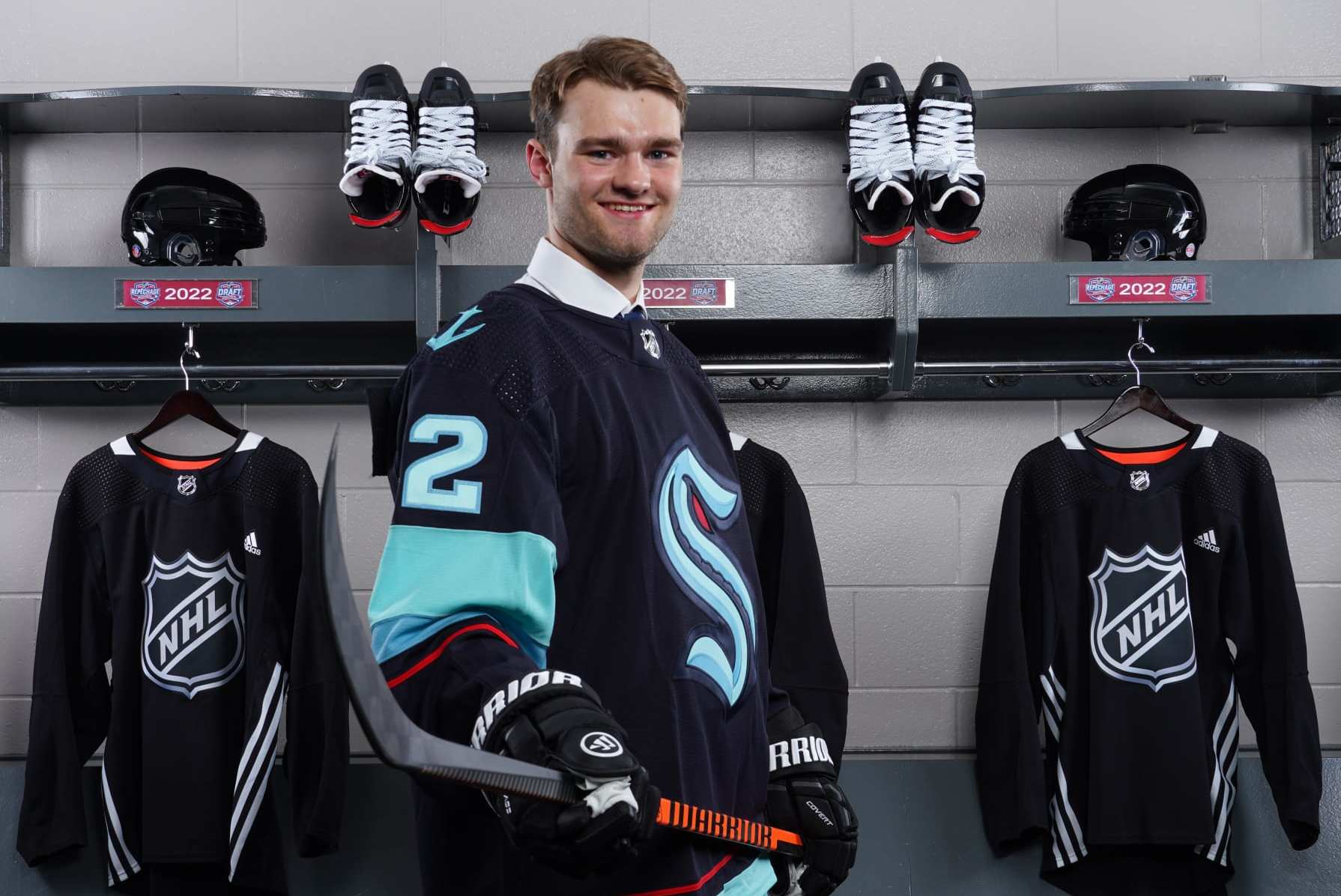 MONTREAL, QUEBEC - JULY 07: Shane Wright poses for a portrait after being selected fourth overall by the Seattle Kraken during the 2022 Upper Deck NHL Draft at Bell Centre on July 07, 2022 in Montreal, Quebec. (Photo by Andre Ringuette/NHLI via Getty Images)