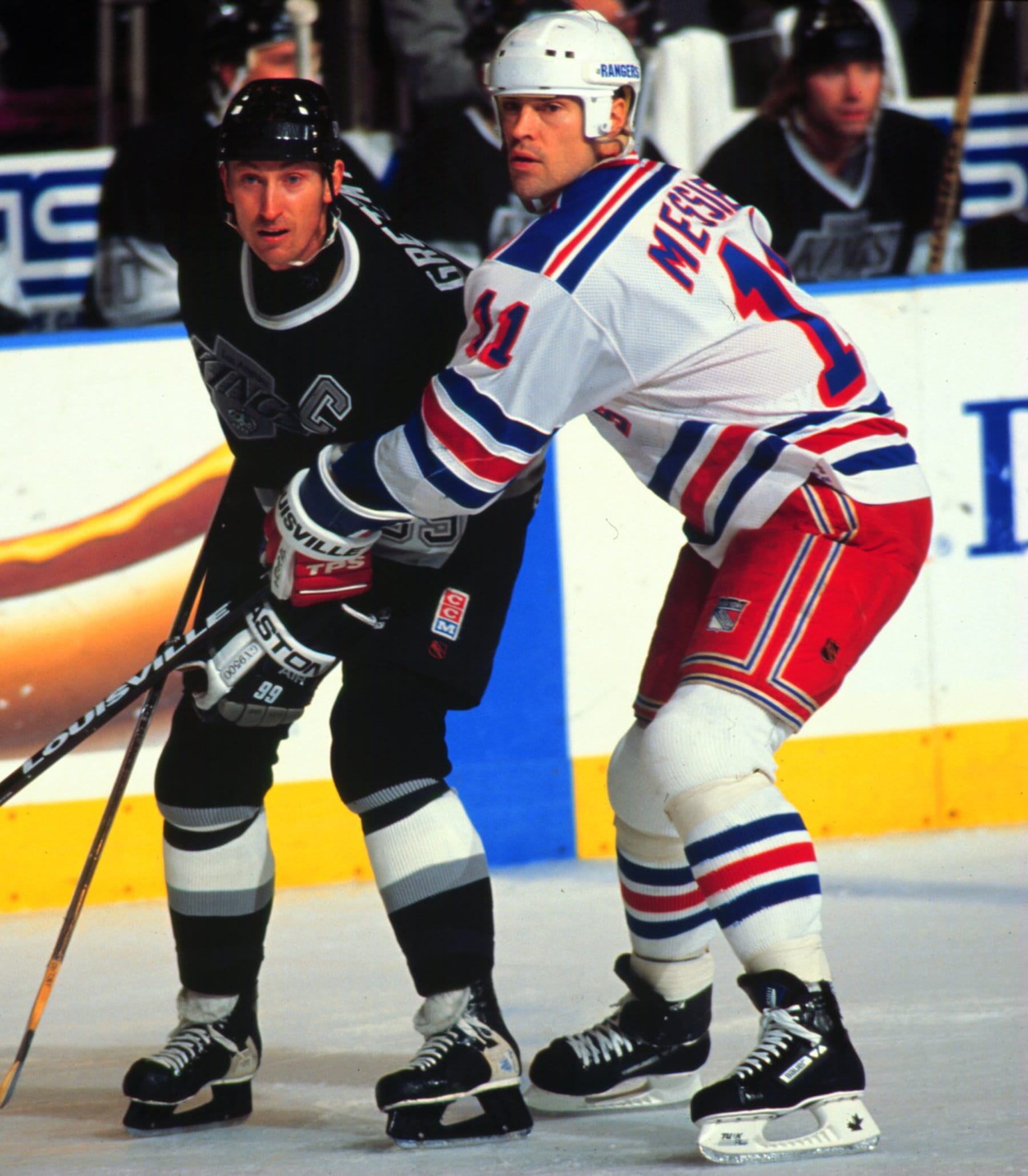 2000 Season: Ranger captain Mark Messier keeps a close watch on Wayne Gretzky.  (Photo by Bruce Bennett Studios via Getty Images Studios/Getty Images)