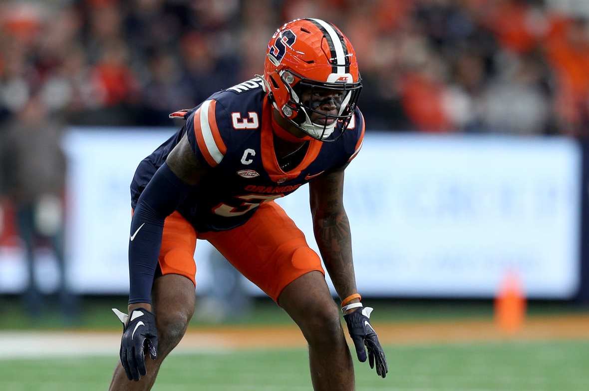 SYRACUSE, NEW YORK - NOVEMBER 25: Isaiah Johnson #3 of the Syracuse Orange lines up during the first quarter against the Wake Forest Demon Deacons at JMA Wireless Dome on November 25, 2023 in Syracuse, New York. (Photo by Bryan Bennett/Getty Images)