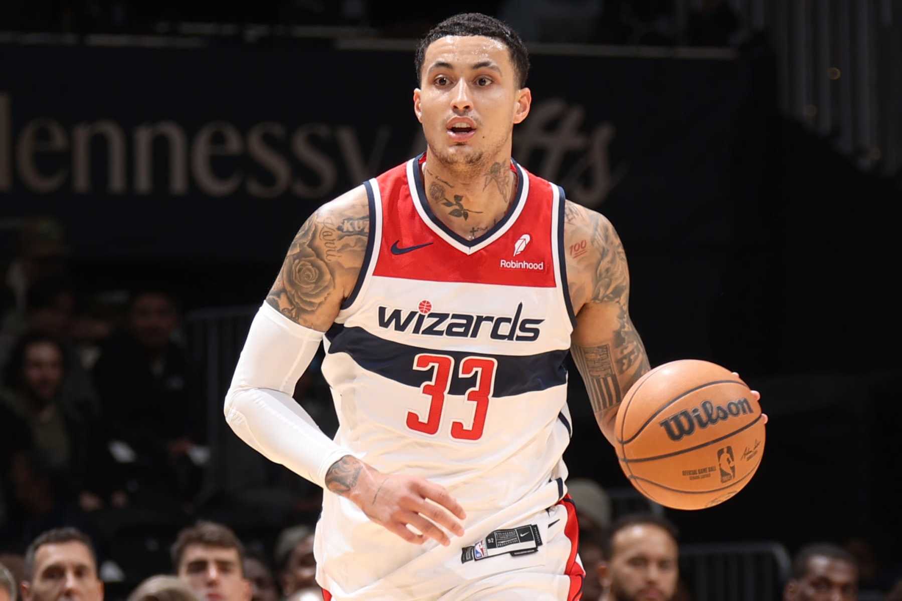 WASHINGTON, DC -  JANUARY 24: Kyle Kuzma #33 of the Washington Wizards dribbles the ball during the game against the Minnesota Timberwolves on January 24, 2024 at Capital One Arena in Washington, DC. NOTE TO USER: User expressly acknowledges and agrees that, by downloading and or using this Photograph, user is consenting to the terms and conditions of the Getty Images License Agreement. Mandatory Copyright Notice: Copyright 2024 NBAE (Photo by Stephen Gosling/NBAE via Getty Images)