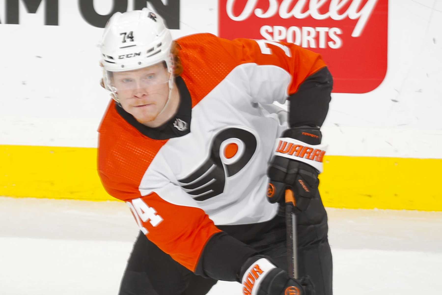 SAINT PAUL, MN - JANUARY 12: Owen Tippett #74 of the Philadelphia Flyers skates with the puck against the Minnesota Wild during the game at the Xcel Energy Center on January 12, 2024 in Saint Paul, Minnesota. (Photo by Bruce Kluckhohn/NHLI via Getty Images)