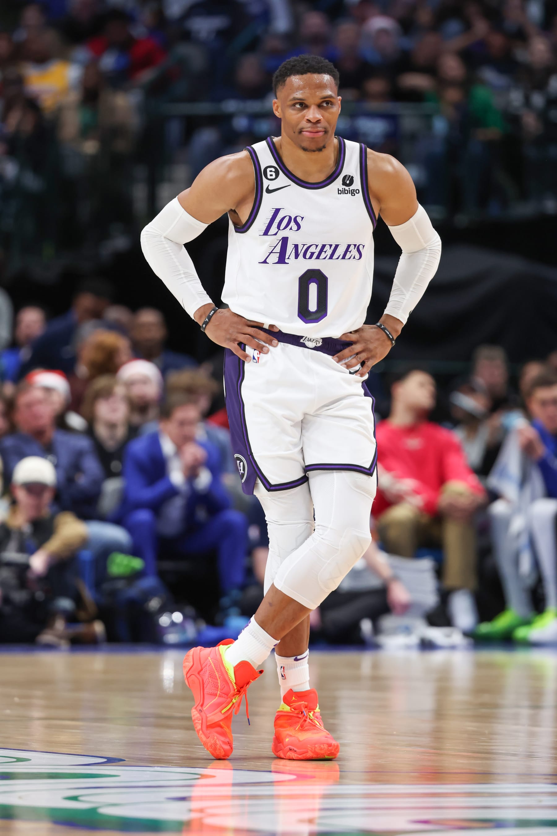 DALLAS, TX - DECEMBER 25: Russell Westbrook #0 of the Los Angeles Lakers looks on during the game against the Dallas Mavericks on December 25, 2022 at the American Airlines Center in Dallas, Texas. NOTE TO USER: User expressly acknowledges and agrees that, by downloading and or using this photograph, User is consenting to the terms and conditions of the Getty Images License Agreement. Mandatory Copyright Notice: Copyright 2022 NBAE (Photo by David Sherman/NBAE via Getty Images)