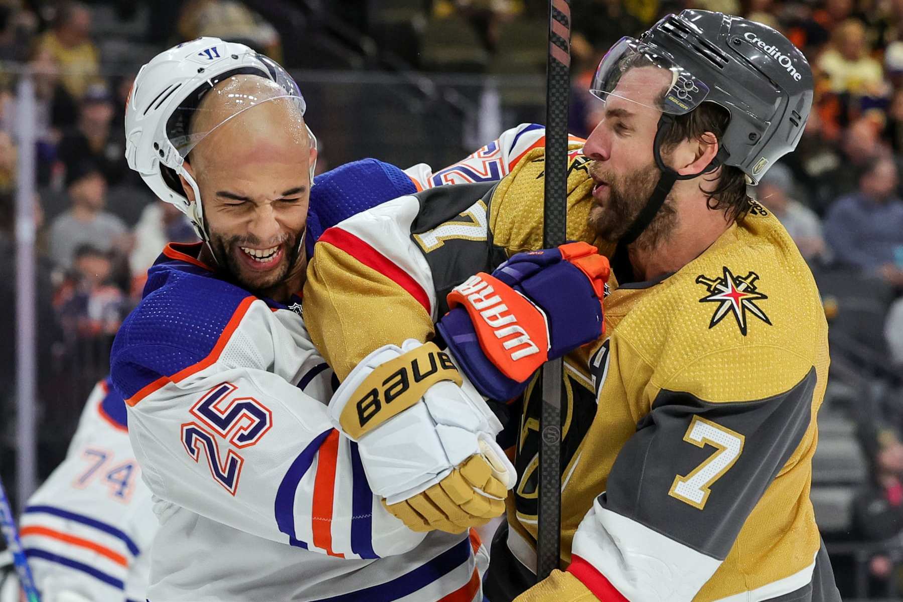 LAS VEGAS, NEVADA - FEBRUARY 06: Darnell Nurse #25 of the Edmonton Oilers and Alex Pietrangelo #7 of the Vegas Golden Knights scuffle in the second period of their game at T-Mobile Arena on February 06, 2024 in Las Vegas, Nevada. The Golden Knights defeated the Oilers 3-1. (Photo by Ethan Miller/Getty Images)