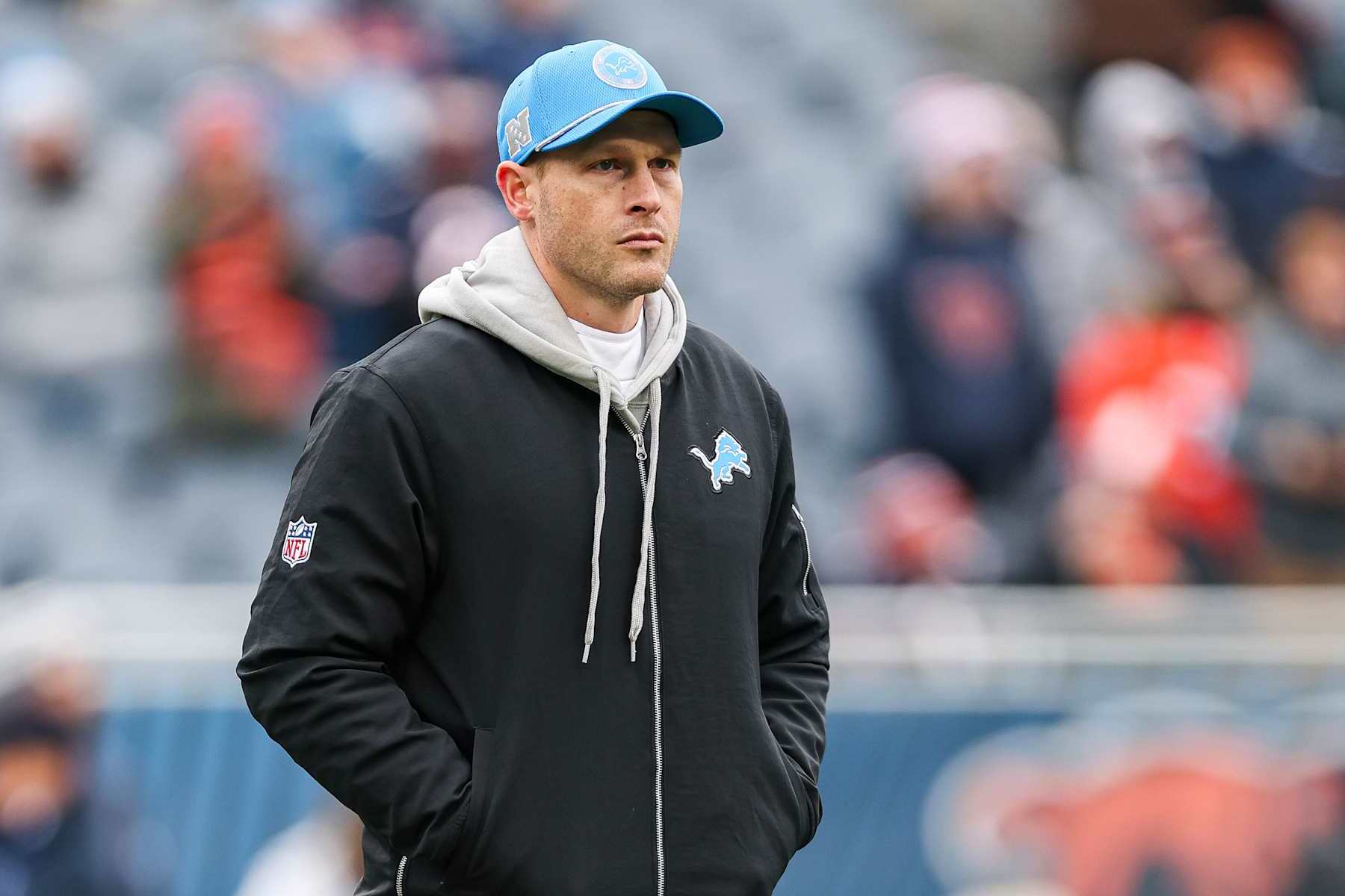 CHICAGO, ILLINOIS - DECEMBER 22: Offensive coordinator Ben Johnson of the Detroit Lions looks on before the game against the Chicago Bears at Soldier Field on December 22, 2024 in Chicago, Illinois. (Photo by Michael Reaves/Getty Images)