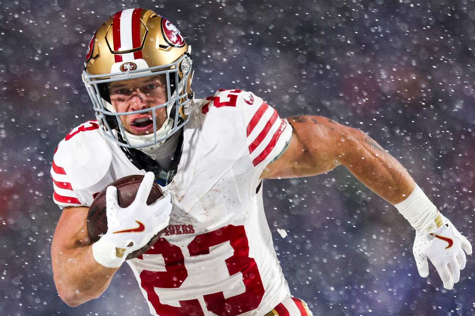 ORCHARD PARK, NEW YORK - DECEMBER 01: Christian McCaffrey #23 of the San Francisco 49ers runs the ball up the field in the first quarter of a game against the Buffalo Bills at Highmark Stadium on December 01, 2024 in Orchard Park, New York. (Photo by Bryan M. Bennett/Getty Images)
