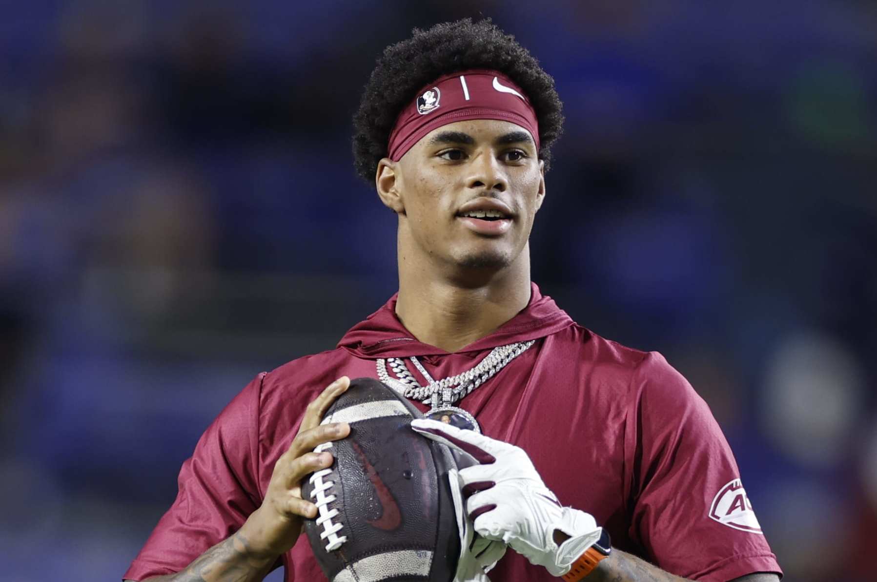 GAINESVILLE, FL - NOVEMBER 25: Florida State Seminoles wide receiver Keon Coleman (4) before the game between the Florida Gators and the Florida State Seminoles on November 25, 2023 at Ben Hill Griffin Stadium at Florida Field in Gainesville, Fl. (Photo by David Rosenblum/Icon Sportswire via Getty Images)