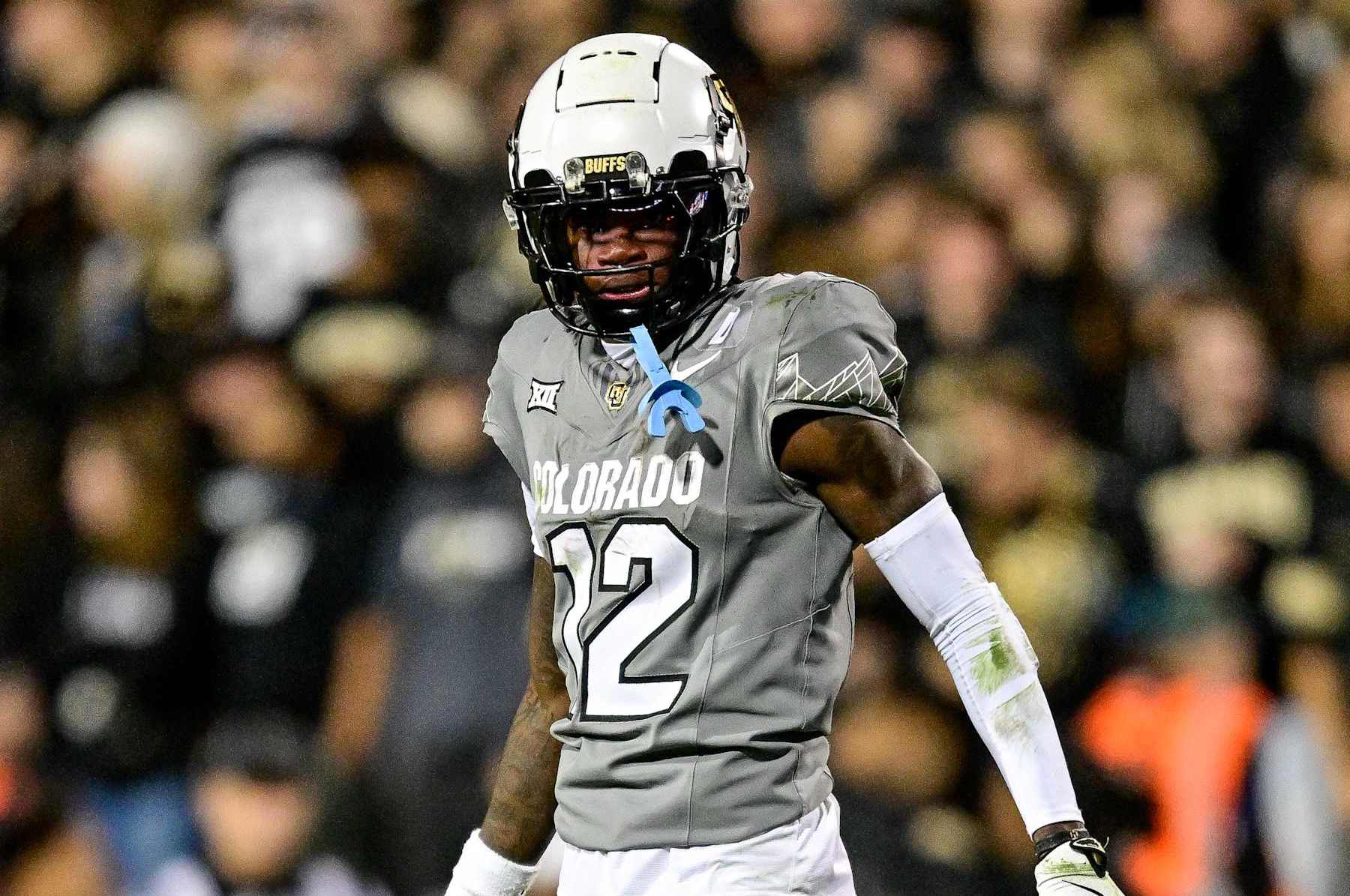BOULDER, CO - OCTOBER 26:  Travis Hunter #12 of the Colorado Buffaloes lines up on defense in the second half of a game against the Cincinnati Bearcats at Folsom Field on October 26, 2024 in Boulder, Colorado. (Photo by Dustin Bradford/Getty Images)