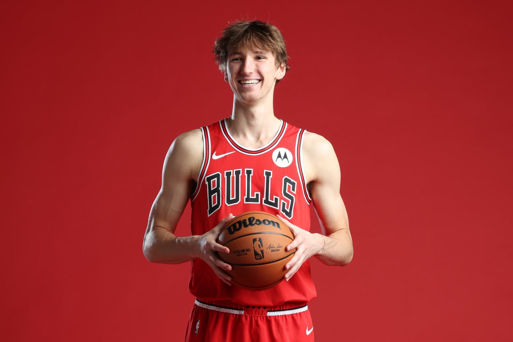 LAS VEGAS, NV - JULY 17: Matas Buzelis #14 of the Chicago Bulls poses for a portrait during the 2024 NBA Rookie Photo Shoot on July 17, 2024 at the University of Nevada, Las Vegas campus in Las Vegas, Nevada. NOTE TO USER: User expressly acknowledges and agrees that, by downloading and/or using this Photograph, user is consenting to the terms and conditions of the Getty Images License Agreement. Mandatory Copyright Notice: Copyright 2024 NBAE (Photo by David Sherman/NBAE via Getty Images)