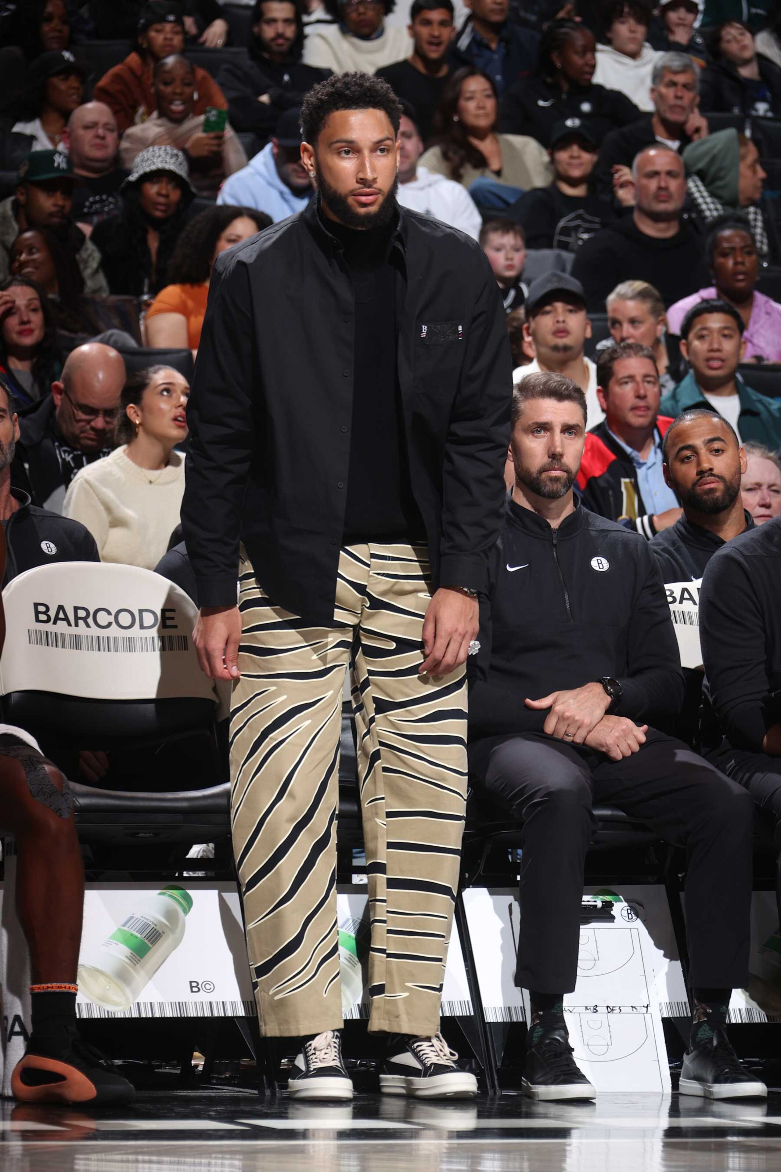 BROOKLYN, NY - MARCH 4: Ben Simmons #10 of the Brooklyn Nets looks on during the game against the Memphis Grizzlies on March 4, 2024 at Barclays Center in Brooklyn, New York. NOTE TO USER: User expressly acknowledges and agrees that, by downloading and or using this Photograph, user is consenting to the terms and conditions of the Getty Images License Agreement. Mandatory Copyright Notice: Copyright 2024 NBAE (Photo by Nathaniel S. Butler/NBAE via Getty Images)
