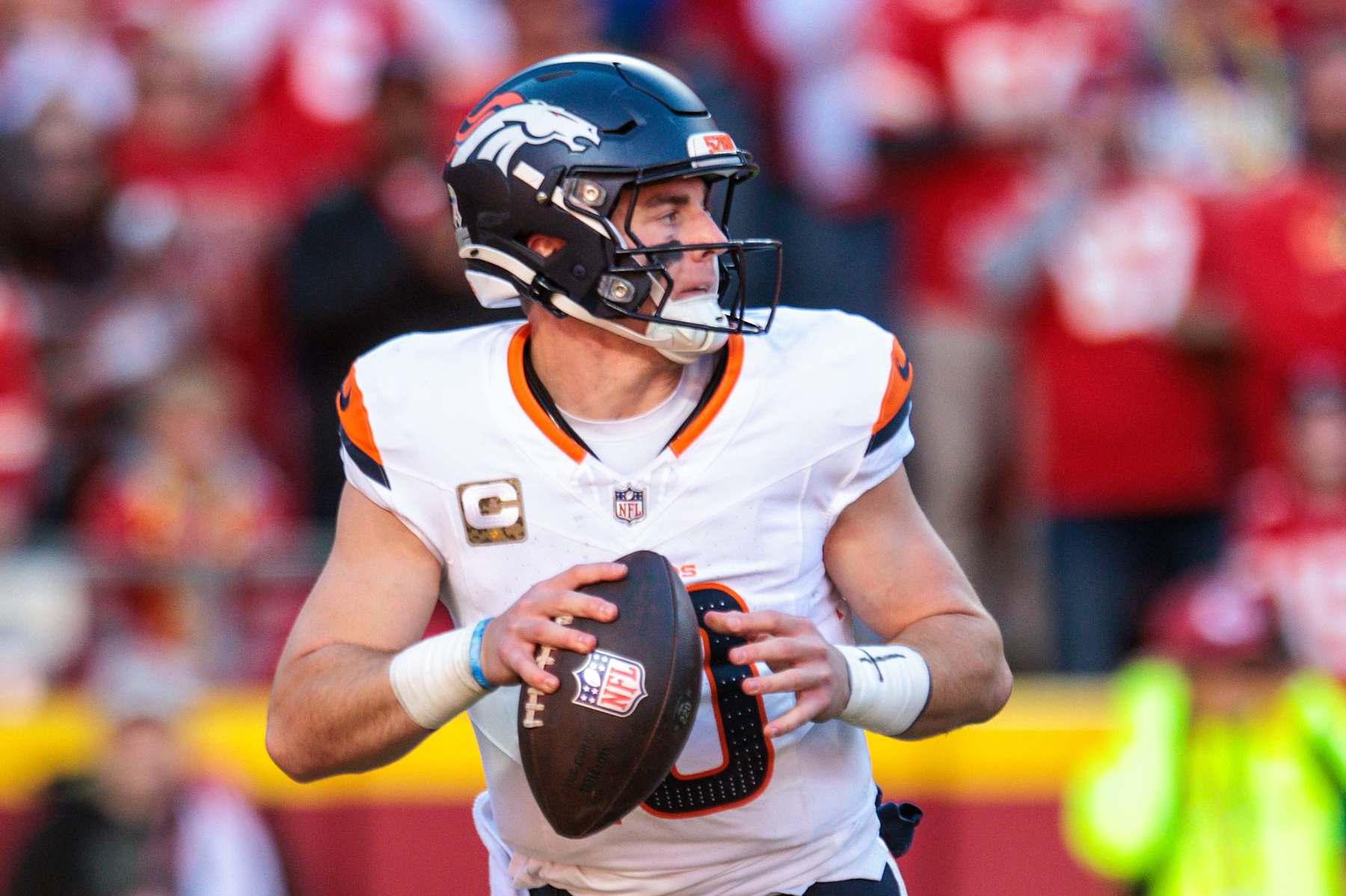 KANSAS CITY, MO - NOVEMBER 10: Denver Broncos quarterback Bo Nix (10) looks to pass against the Kansas City Chiefs on November 10th, 2024 at GEHA Field Arrowhead Stadium in Kansas City, Missouri (Photo by William Purnell/Icon Sportswire via Getty Images)