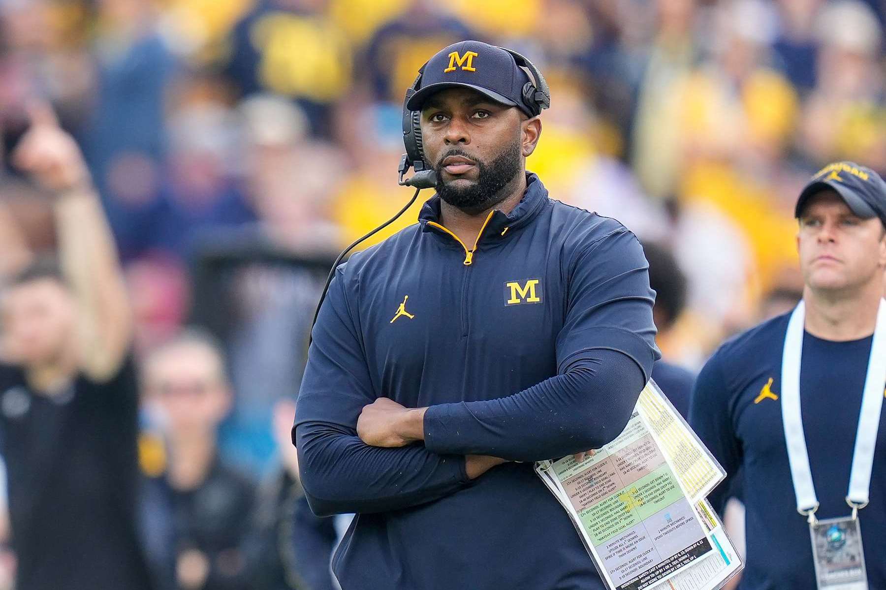 TAMPA, FL - DECEMBER 31: Michigan Wolverines head coach Sherrone Moore looks on during the ReliaQuest Bowl between the Alabama Crimson Tide and the Michigan Wolverines, December 31, 2024 at Raymond James Stadium in Tampa, Florida. (Photo by Ricky Bowden/Icon Sportswire via Getty Images)