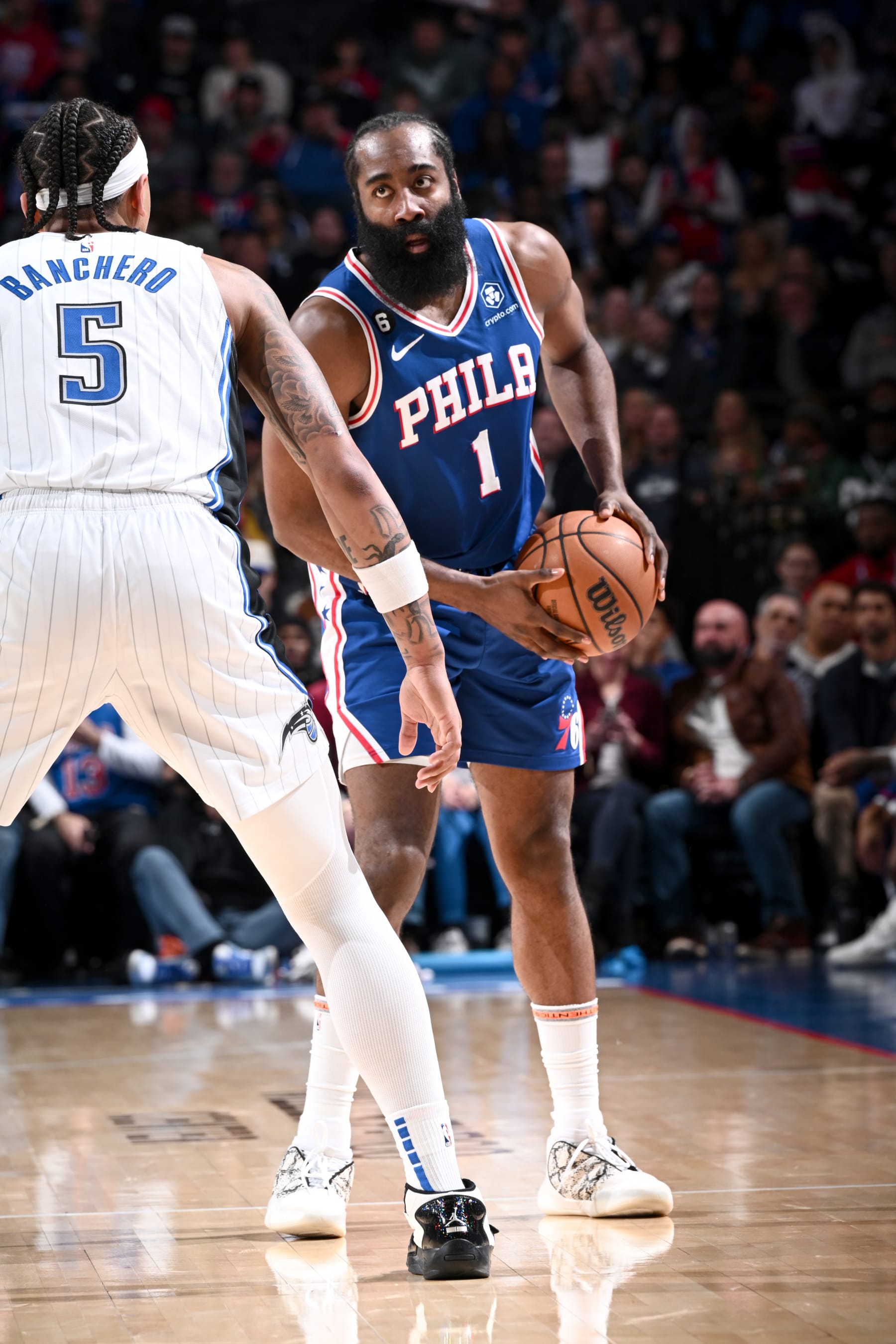 PHILADELPHIA, PA - FEBRUARY 1: James Harden #1 of the Philadelphia 76ers handles the ball during the game against the Orlando Magic on February 1, 2023 at the Wells Fargo Center in Philadelphia, Pennsylvania NOTE TO USER: User expressly acknowledges and agrees that, by downloading and/or using this photograph, the user agrees to the terms and conditions of the Getty Images License Agreement. Mandatory Copyright Notice: Copyright 2023 NBAE (Photo by David Dow/NBAE via Getty Images)