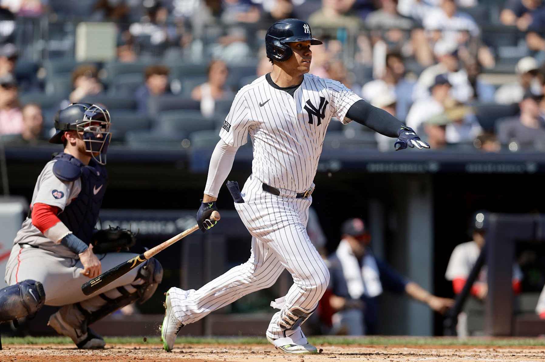 NEW YORK, NEW YORK - SEPTEMBER 14: Juan Soto #22 of the New York Yankees in action against the Boston Red Sox at Yankee Stadium on September 14, 2024 in New York City. The Red Sox defeated the Yankees 7-1. (Photo by Jim McIsaac/Getty Images)